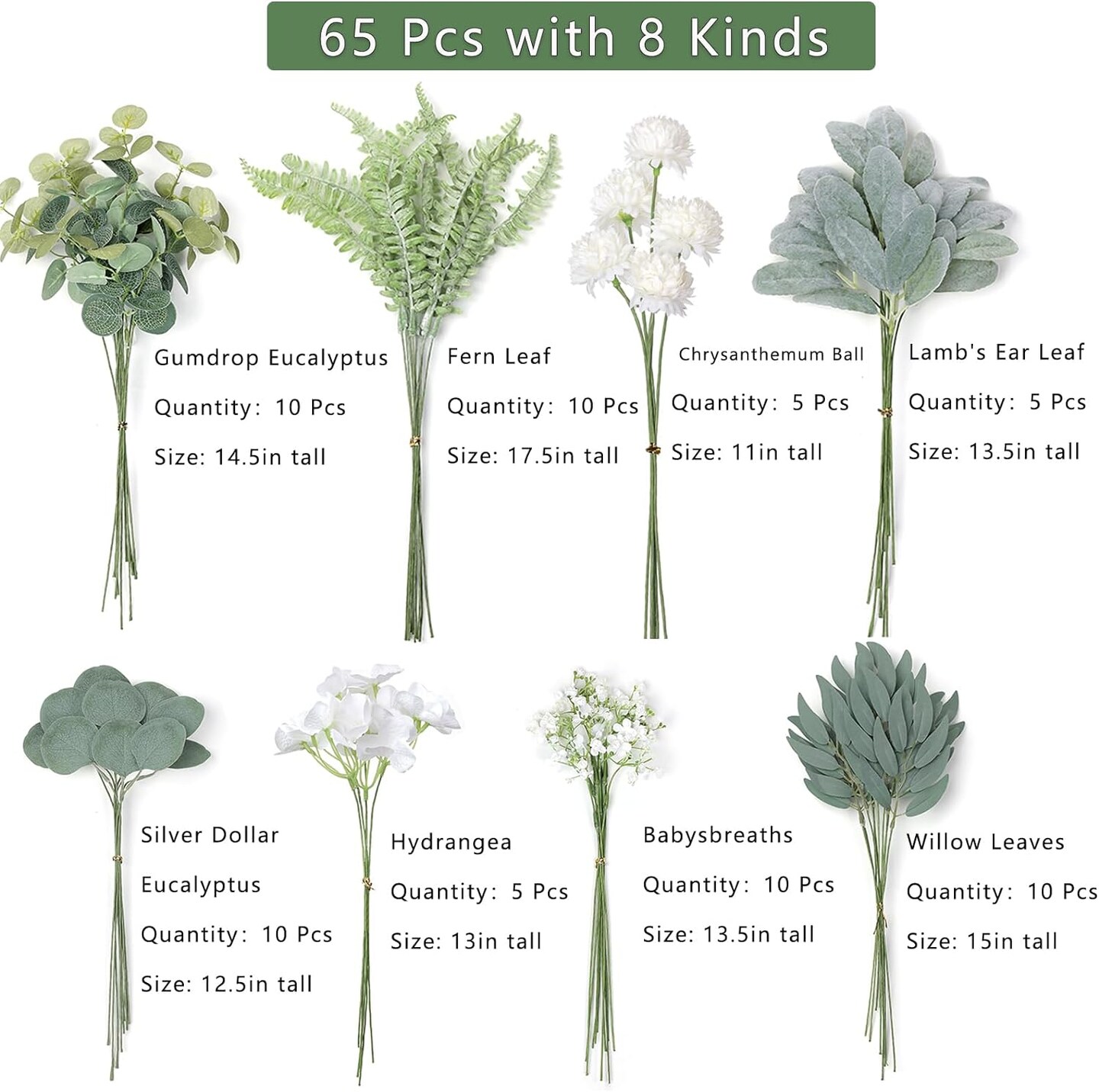 Artificial Greenery Stems Box Set&#xFF0C;65 Pcs with 8 Kinds of Faux Greenery Branches