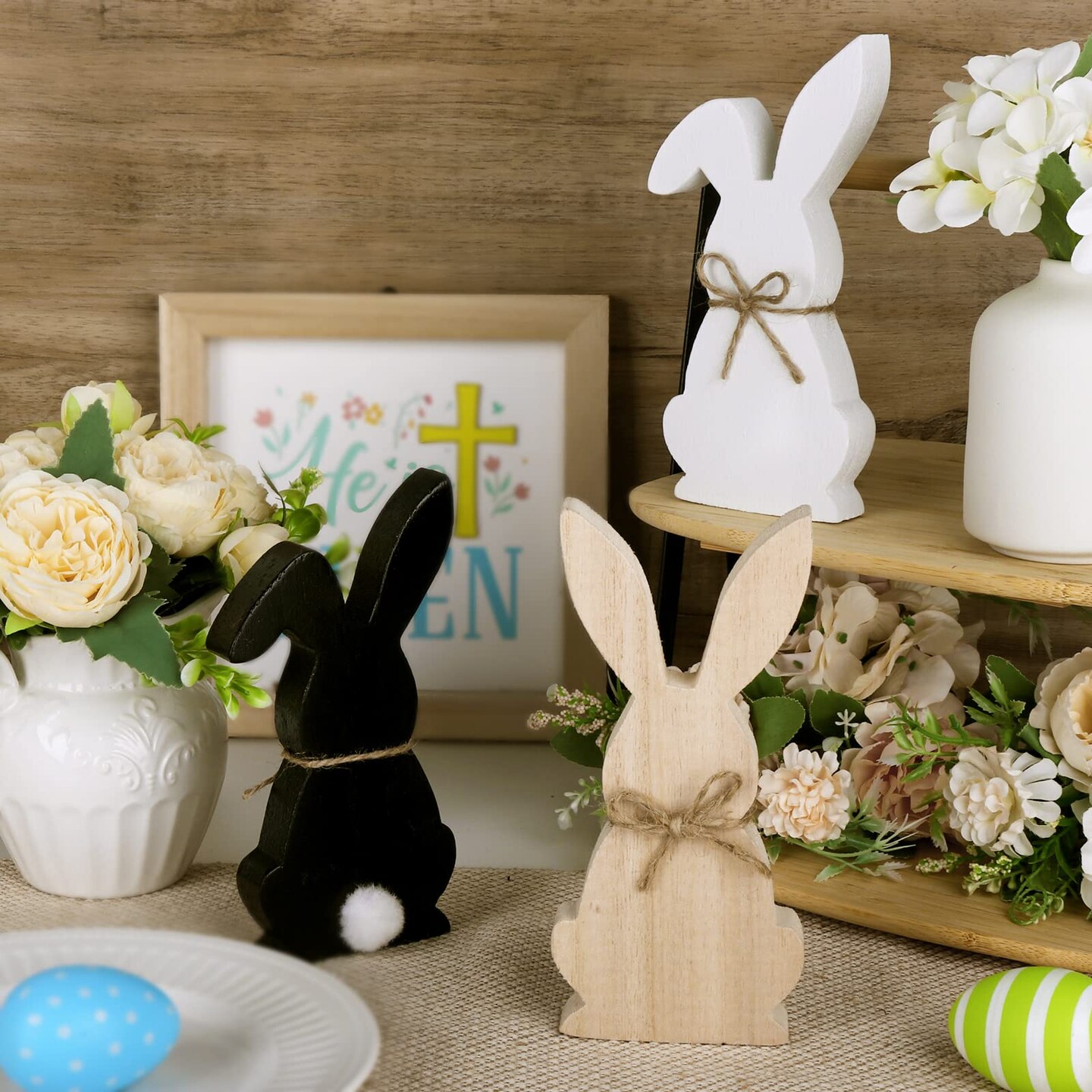 Easter Decorations for The Home, 3 pcs Easter Bunny Wooden Table Centerpiece Signs Easter Decor Rustic Tiered Tray Decor Farmhouse Decor for Easter Gifts, Black, White, Natural Wood Color