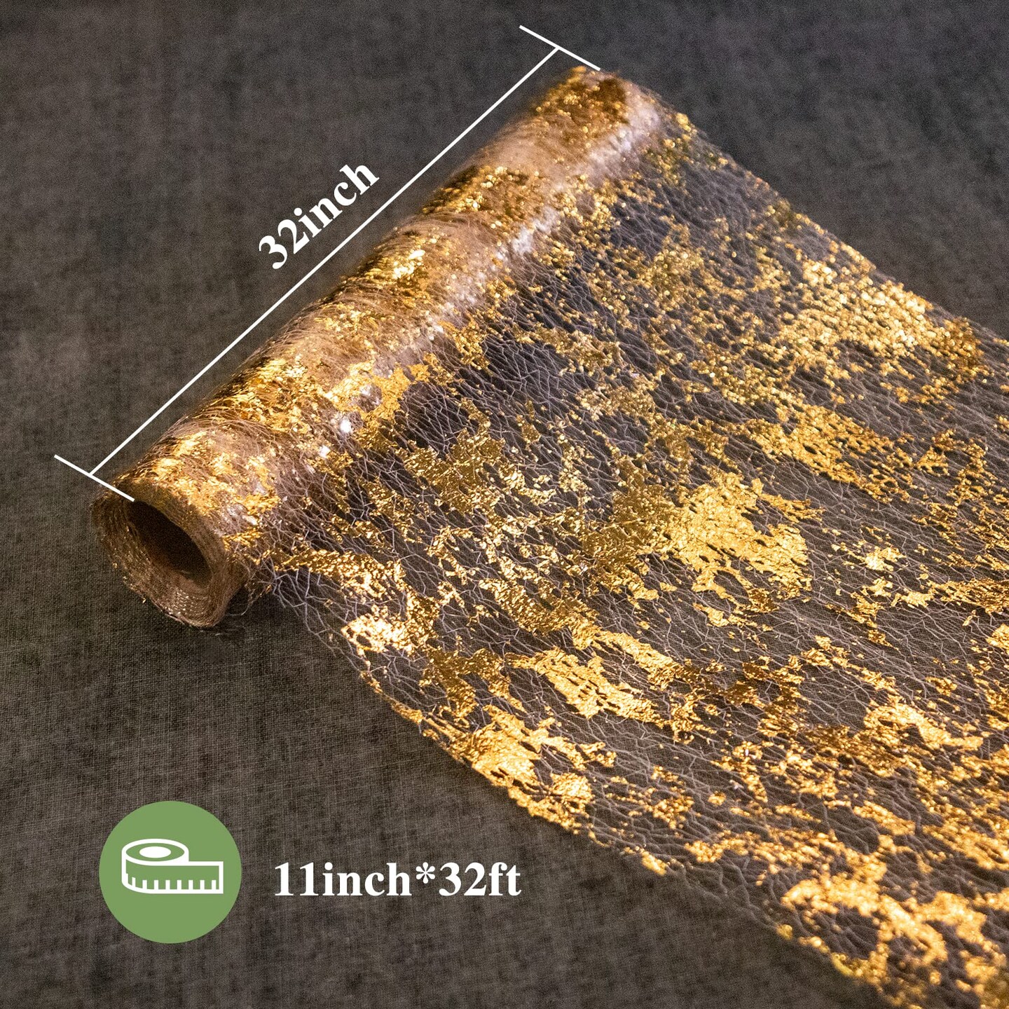 Ohanniewa Gold Table Runner 11 inch x 32 Feet Glitter Metallic Gold Foil Mesh Table Runner Roll Table Decorations for Wedding, Birthday, Banquet, Christmas