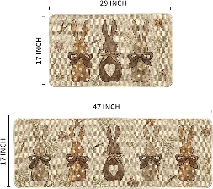 Wood Carrots Rabbit Bunny Easter Kitchen Mats Set of 2, Spring Home Decor Low-Profile Kitchen Rugs for Floor - 17x29 and 17x47 Inch