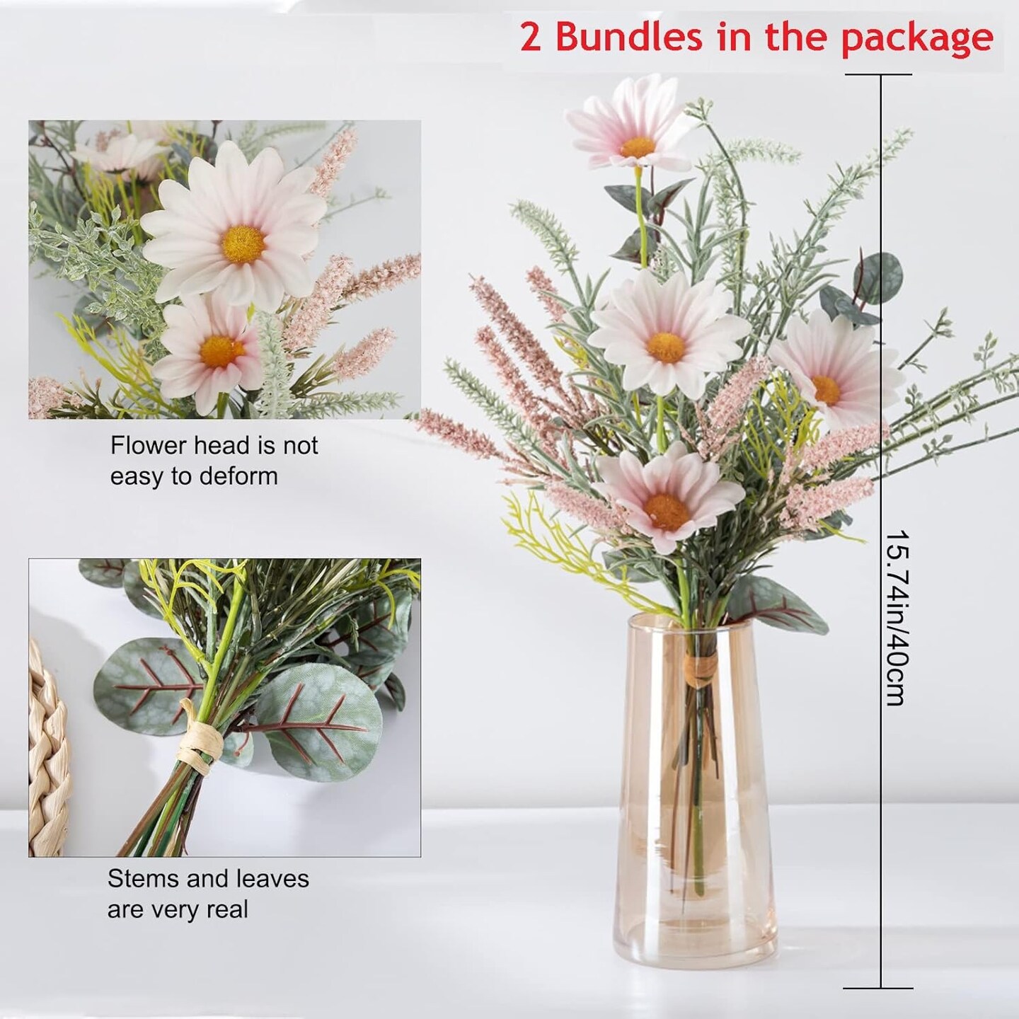2 Bundles Artificial Daisy Flowers Fake Flowers Bouquet Faux Silk Flower with Eucalyptus Stem for Home Table Centerpieces Party Indoor Decor (Pink)