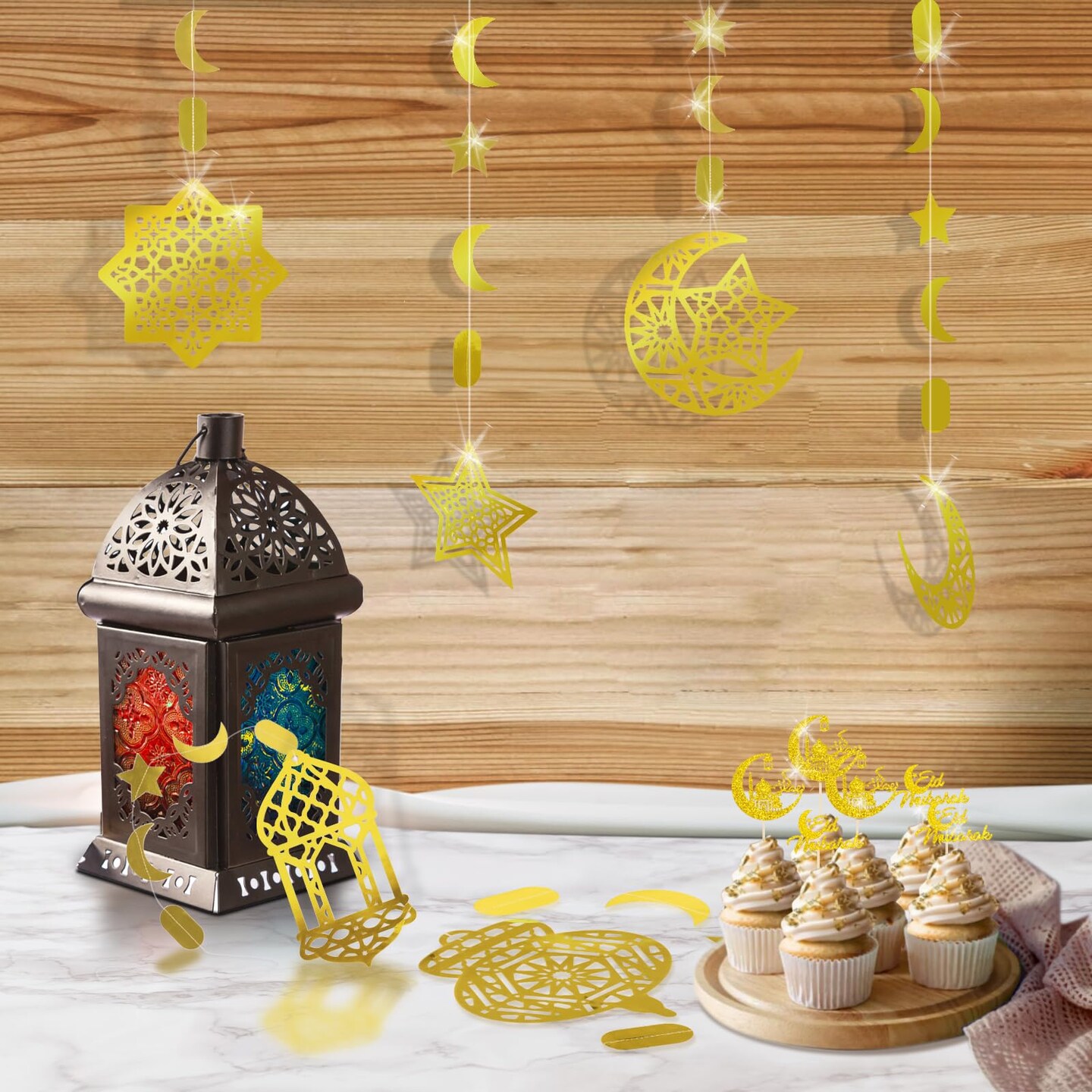 Ramadan Mubarak Decorations, Eid Decorations for Home - Preassembled Ramadan Eid Mubarak Banners, 16 Pcs Eid Balloons, 6 Pcs Islamic Star Moon Lantern Garland Streamer, 10 Pcs Cupcake Toppers