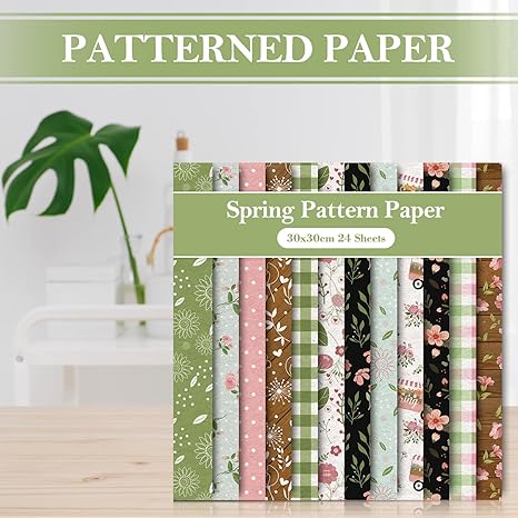 12 Designs Spring Pattern Paper 24 Sheet Plaid Floral Scrapbook Paper Pink Double-Sided Collection Decorative Craft Paper Folded Flat for Card Making Scrapbook Photo Album Decor, 30 x 30cm