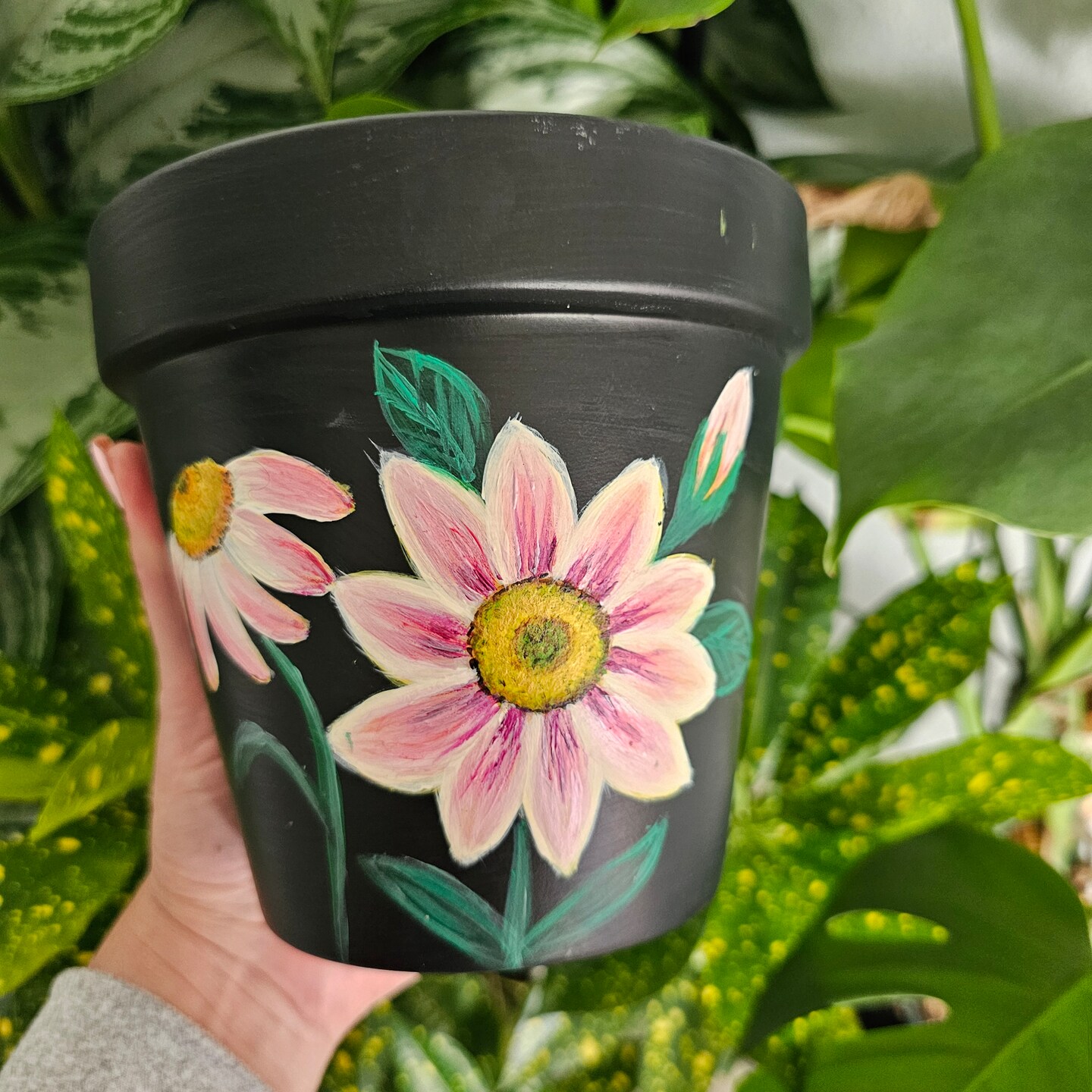Pink Daisy Flower hand painted on a black terra cotta Pot. 6