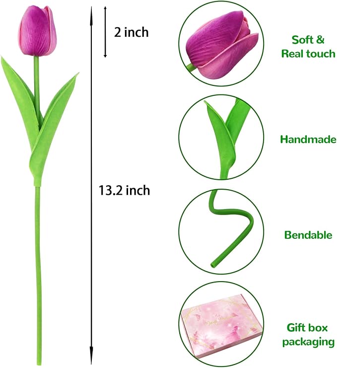 28pcs Multicolor Flowers Artificial Tulip Stems Real Feel PU Tulips for Easter Spring Wreath Wedding Bouquet Centerpiece Floral Arrangement Cemetery Table D&#xE9;cor 13&#x22; Tall