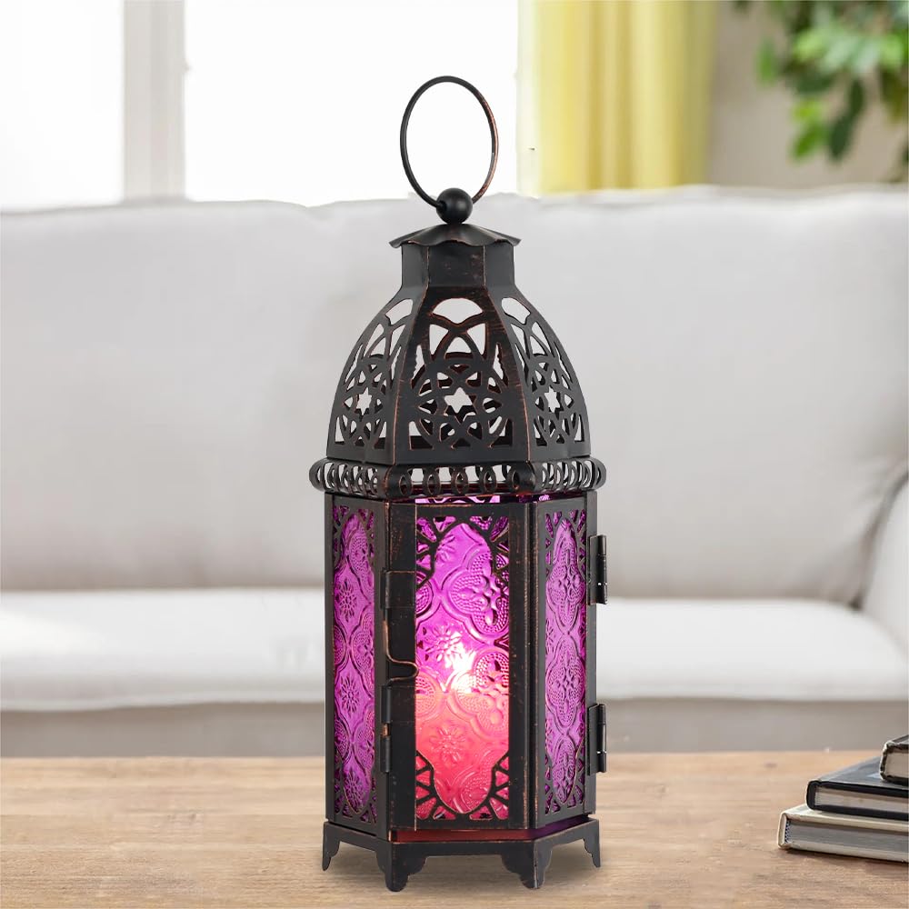 NEEDOMO Ramadan Decorations, Hanging Moroccan Lantern, 11&#x27;&#x27; Vintage Candle Holder, Metal Lanterns Decorative Indoor Outdoor, Table, Patio, Porch, Shelf, Gothic Home Decor (Purple)