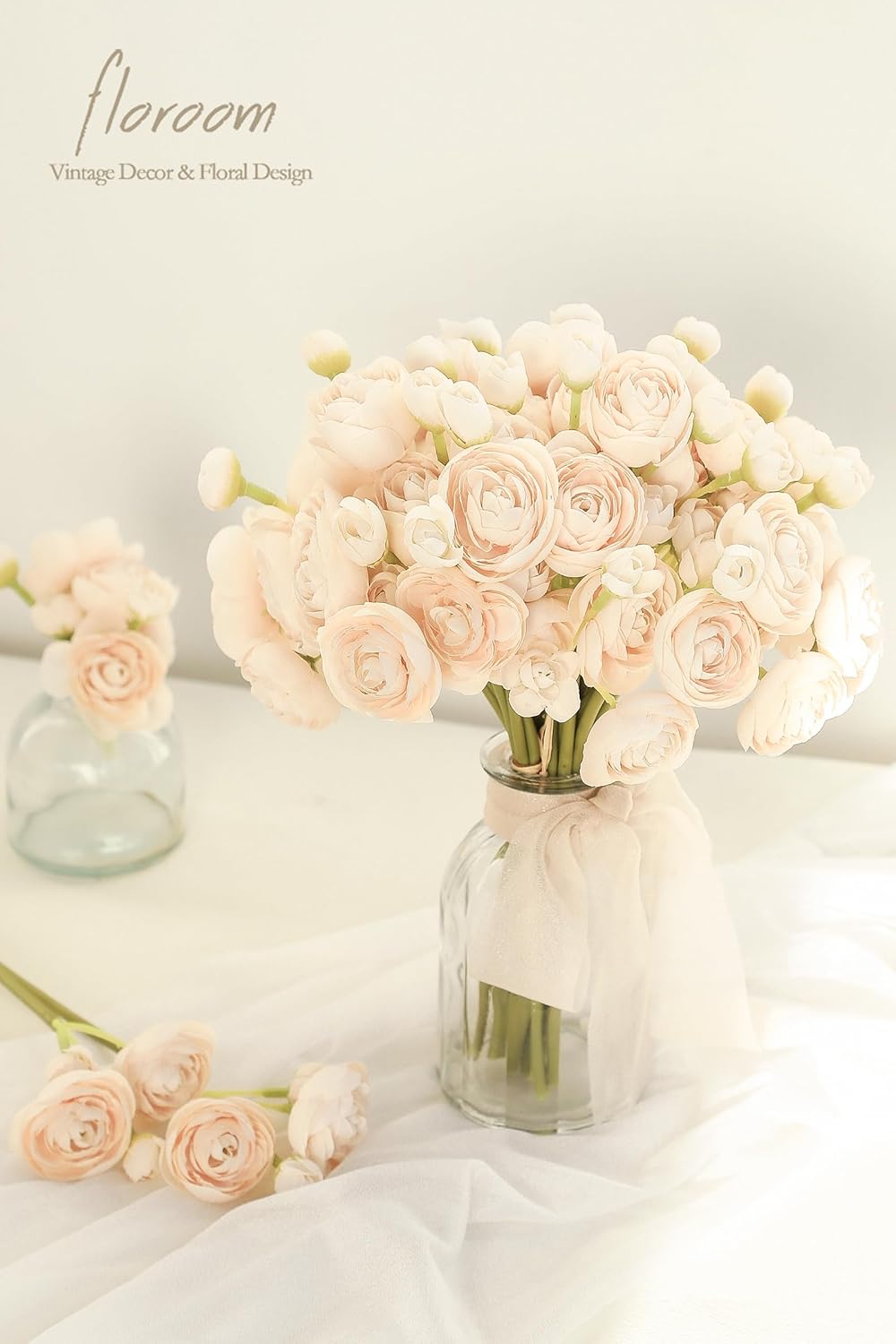 Ranunculus Artificial Flowers 18 Pcs Champagne Faux Silk Mini Ranunculus Bulk Fake Wedding Filler Flowers