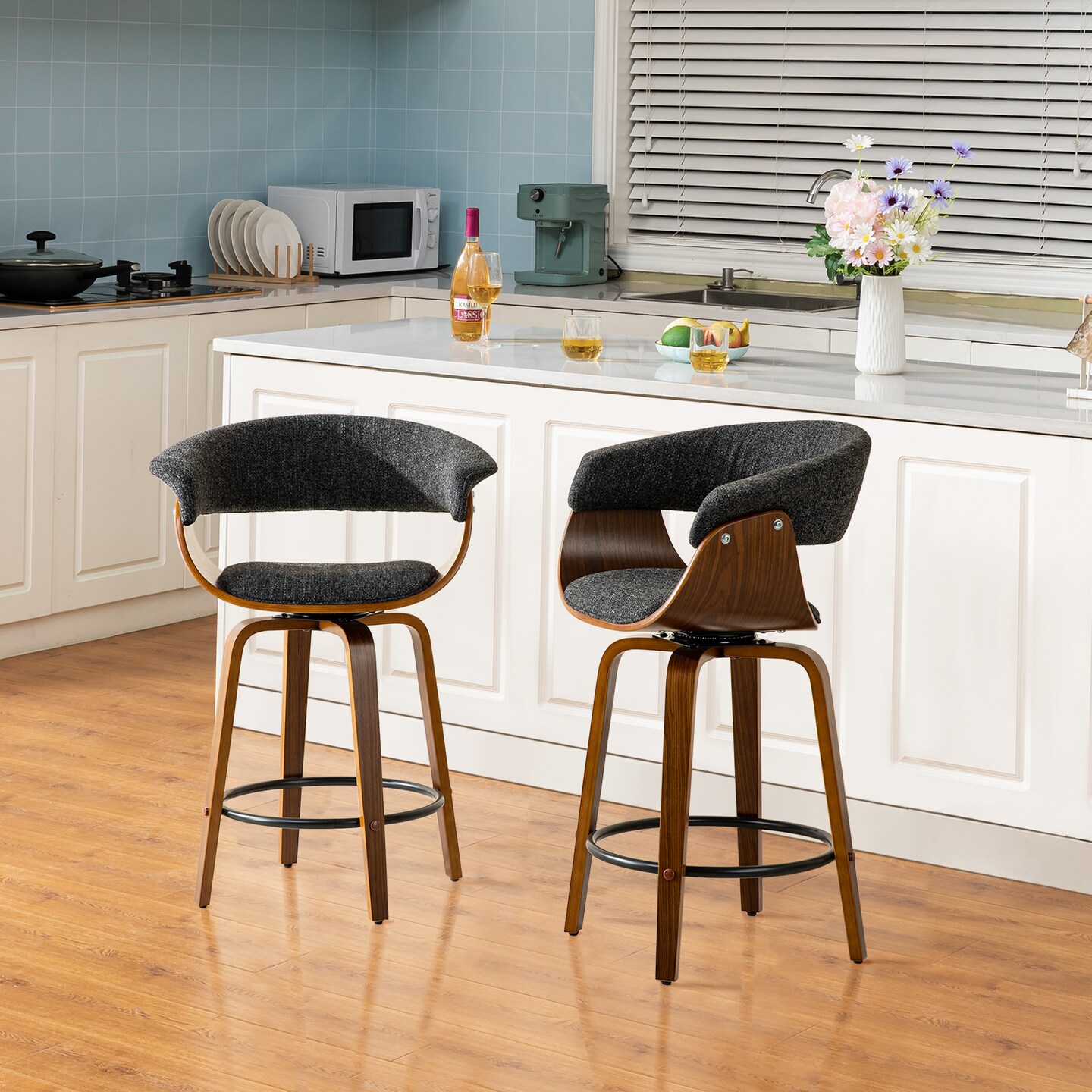 Set of 2/4 Modern Counter &#x26; Bar Height Wooden Swivel Bar Stools