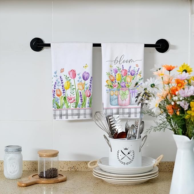 Lavender Tulip Spring Kitchen Towels Dish Towels Set of 2,Pink Floral Hand Towels 18x26 Inch Drying Dishcloth,Farmhouse Home Seasonal Spring Decorations AD273