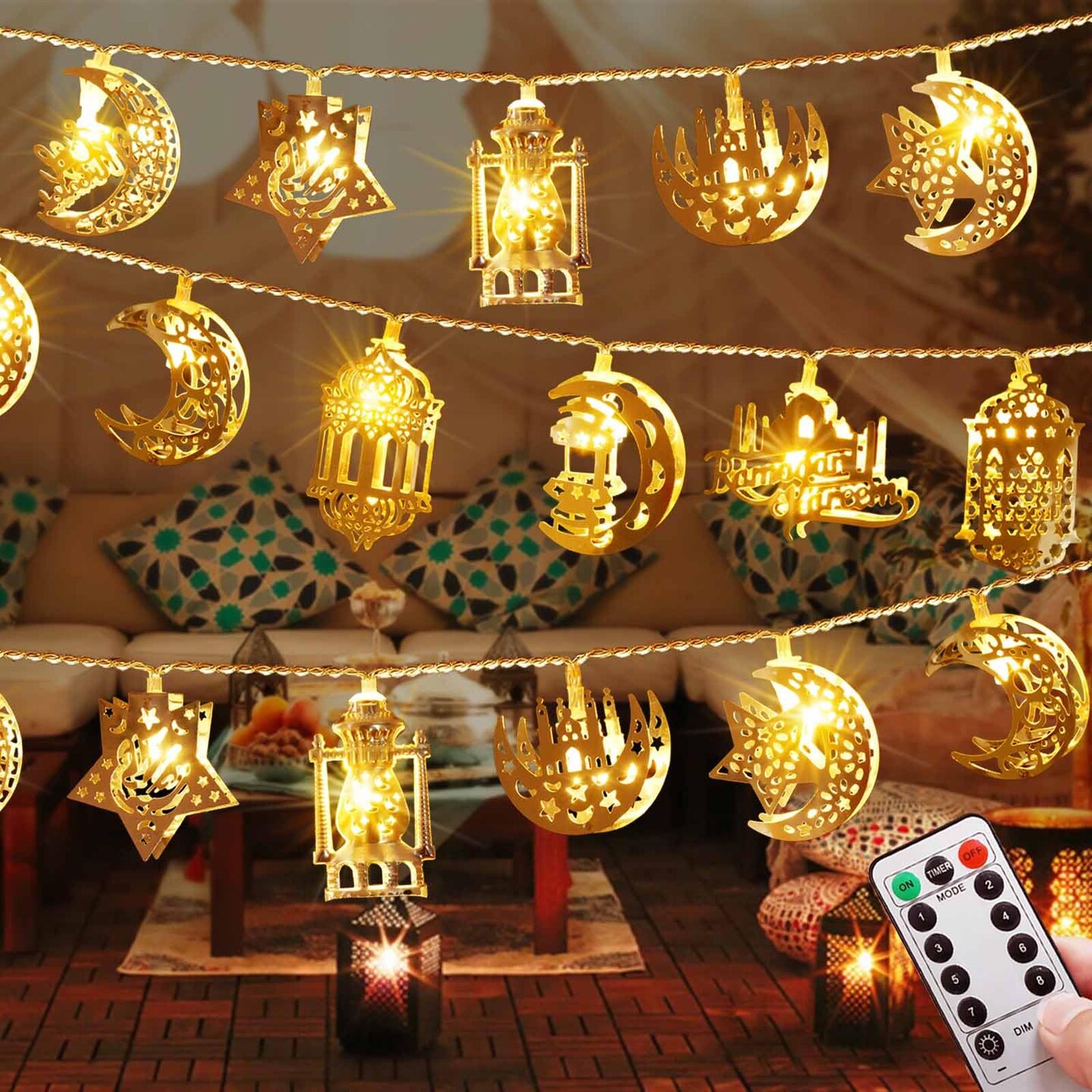 Vintage Ramadan Decorations for Home, Battery Operated Ramadan Lights, 20 LED EID Mubarak Bronze Metal Moon Star Lantern String Lights for Mantle Window Tree Bedroom Classroom Ramadan Decor