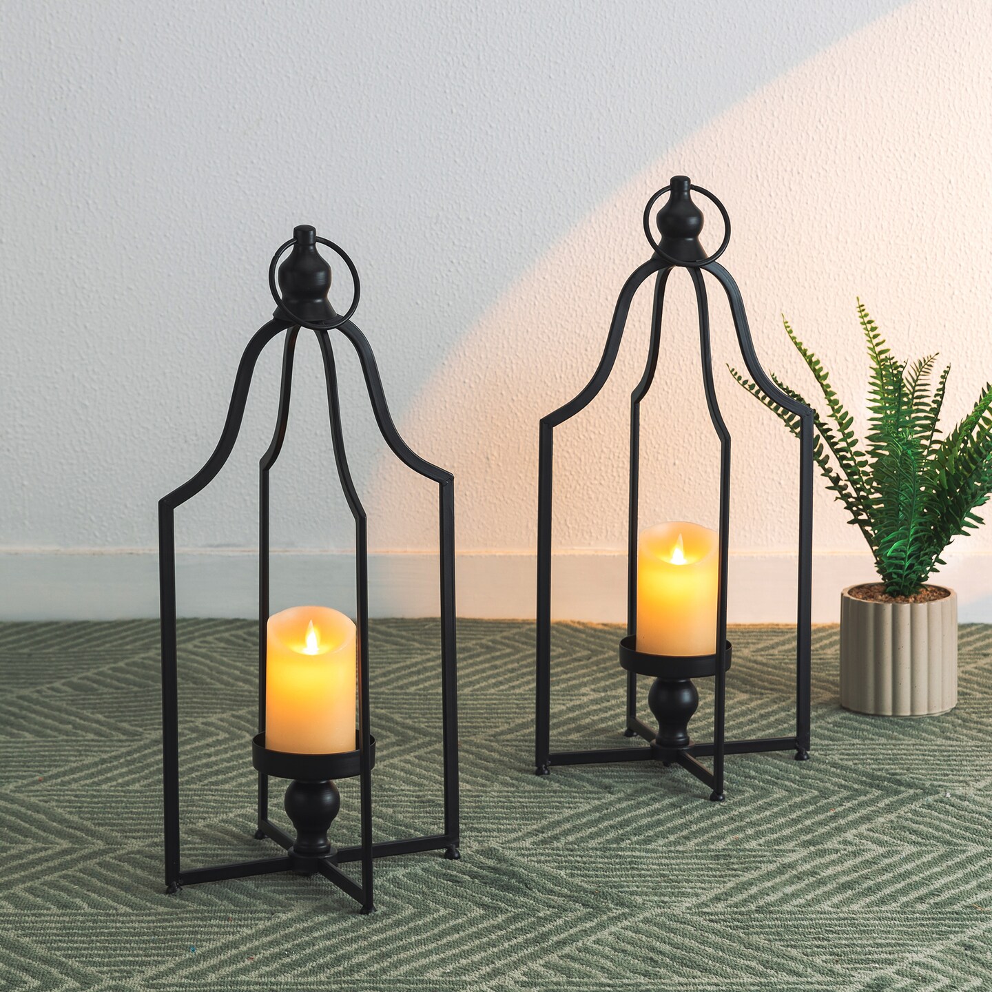Set of 2 Modern Black Metal Foldable Lanterns Spring Wedding Hanging Candle Holders
