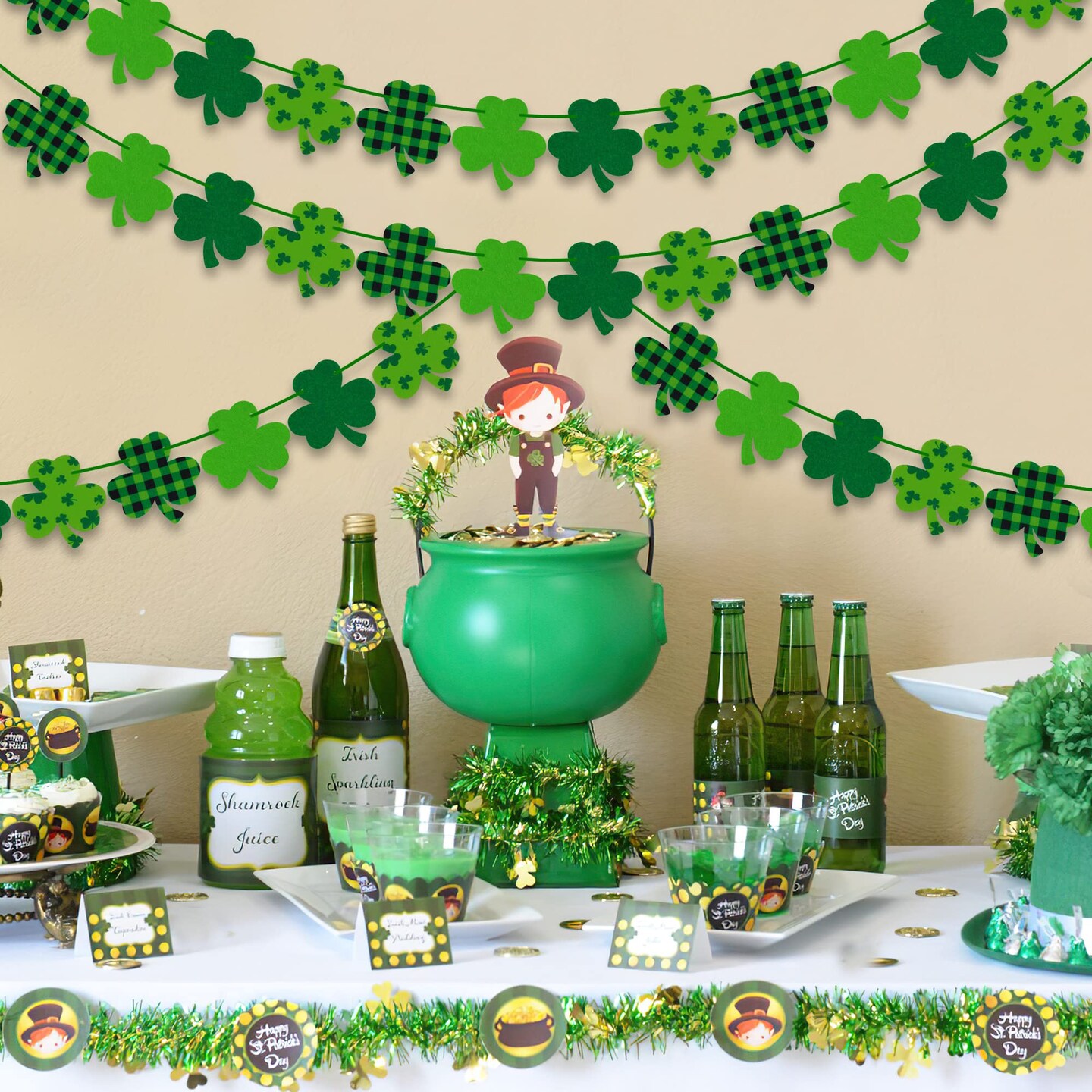 4PCS Felt Shamrock Clover Garland Banner - NO DIY, St. Patrick&#x27;s Day Decorations - Buffalo Plaid Dark Green Light Green Happy St. Patrick&#x27;s Day Banner for Home Mantel Office Irish Day Party Supplies