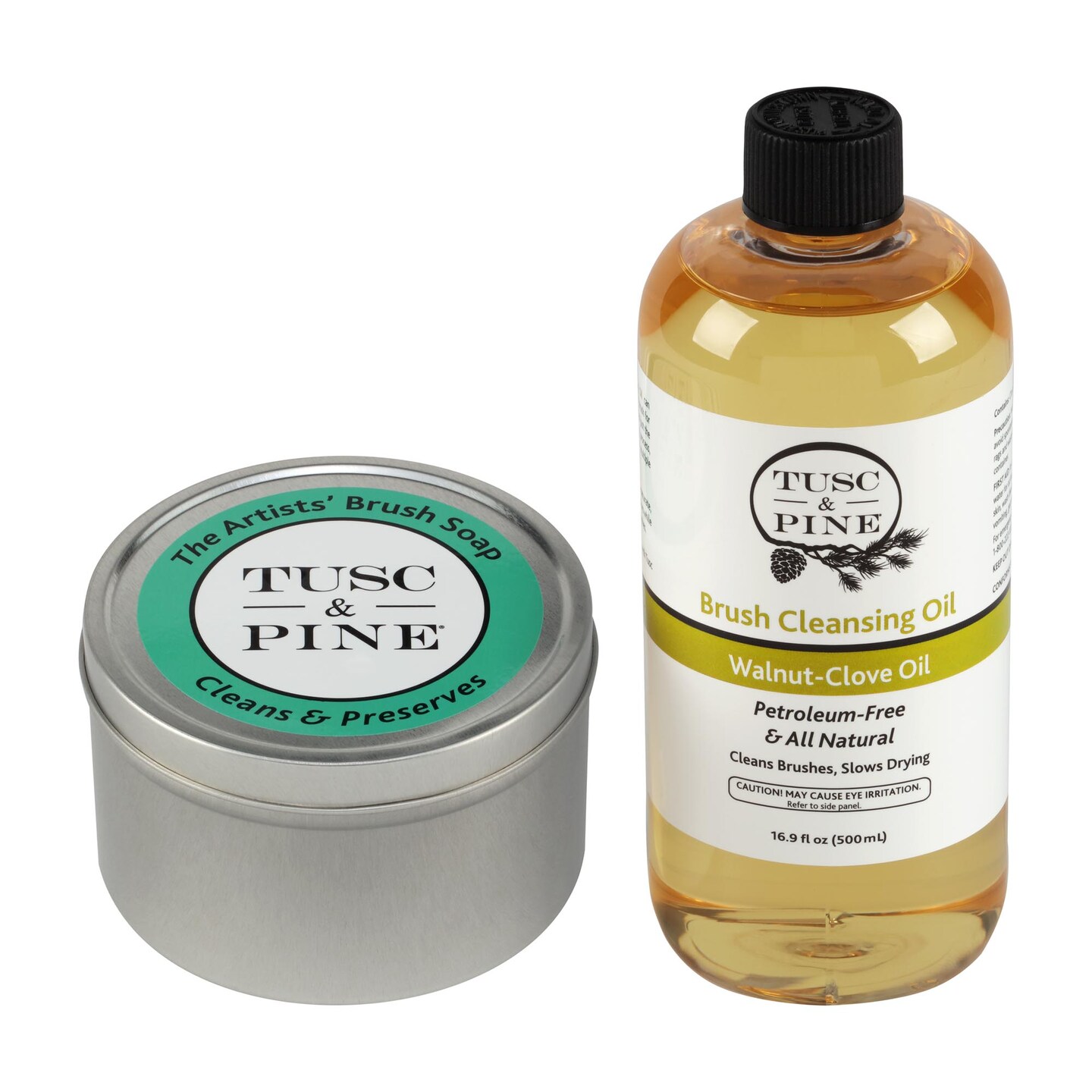 Tusc & Pine Brush Care Duo – 12 oz Artists’ Soap & 16.9 Fl Oz Walnut-Clove Oil Set for Acrylic, Watercolor & Oil Brushes - Solvent-Free Cleaner & Conditioner - Natural Bristle Care - Made in the USA