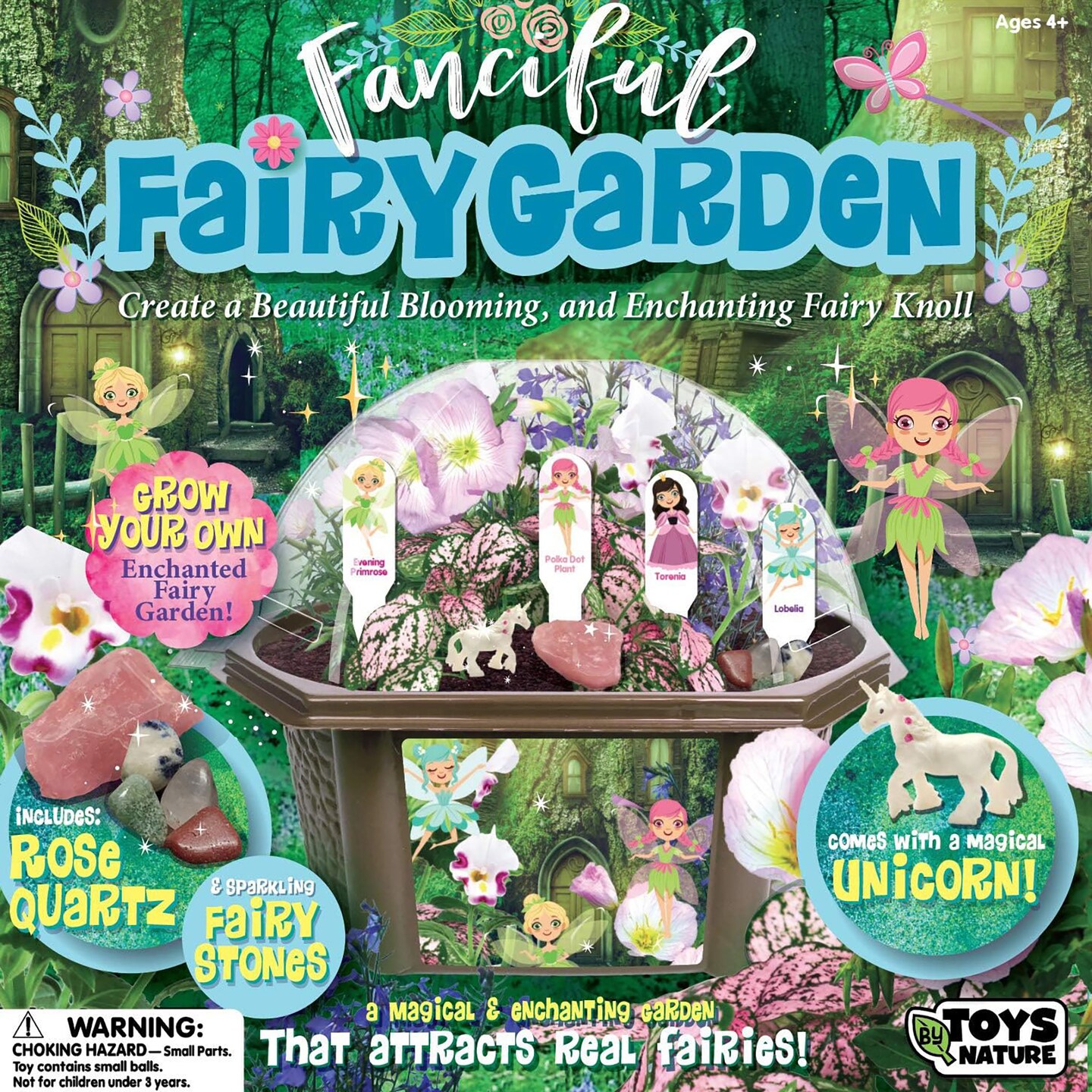 Toys By Nature: Fanciful Fairy Garden - DIY Biosphere Terrarium Kit, Grow &#x26; Decorate An Enchanting Plant Knoll, Stones &#x26; Unicorn Figure, Adult-Kids 4+