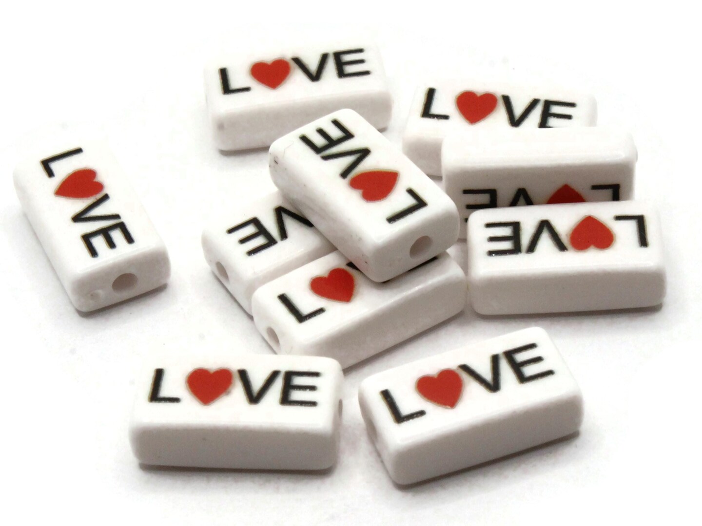 10 18mm Flat Rectangle Love White Red and Black Plastic Beads