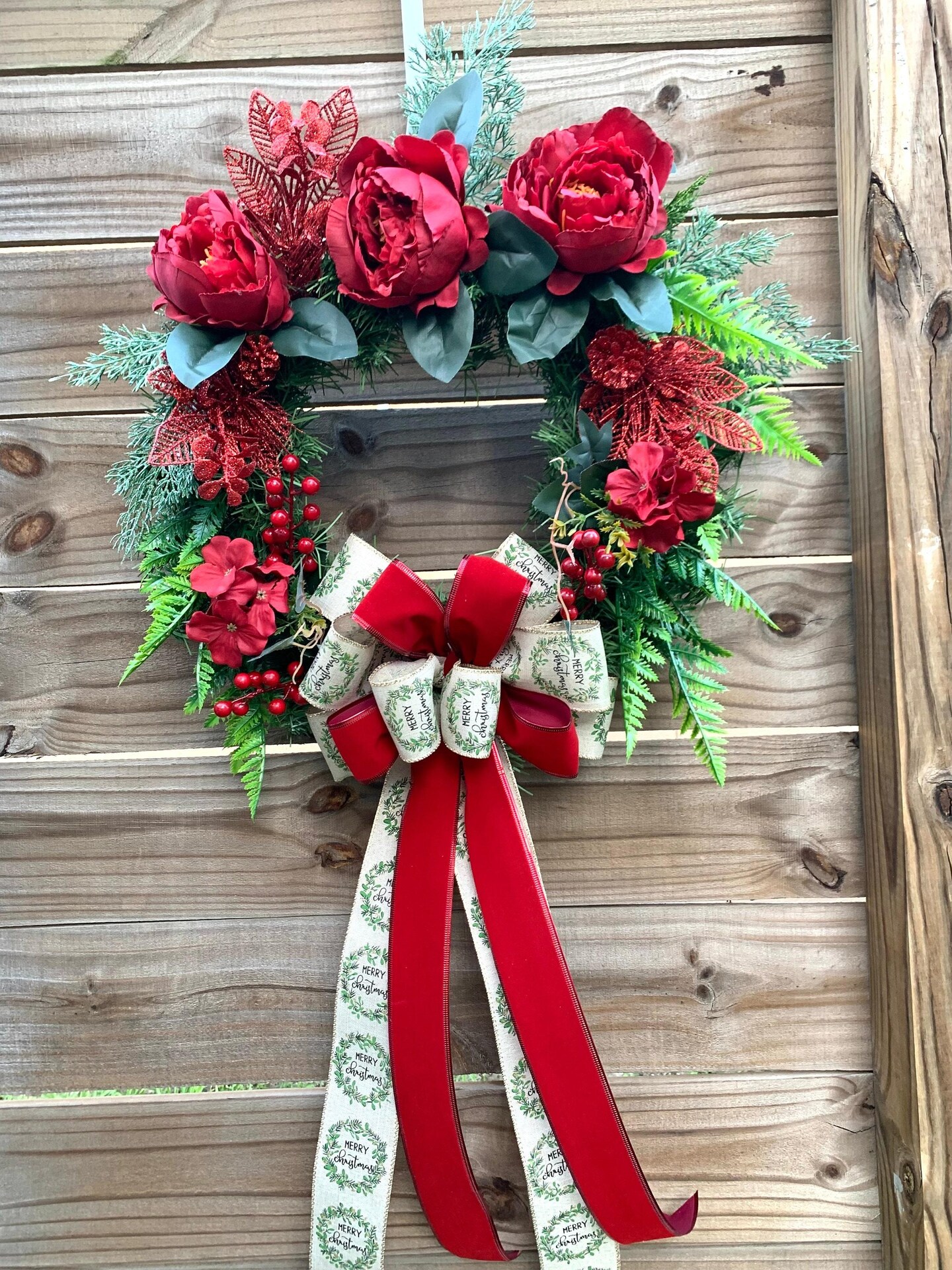 Christmas Wreath for front door, Holiday Wreath, Red Peony Wreath