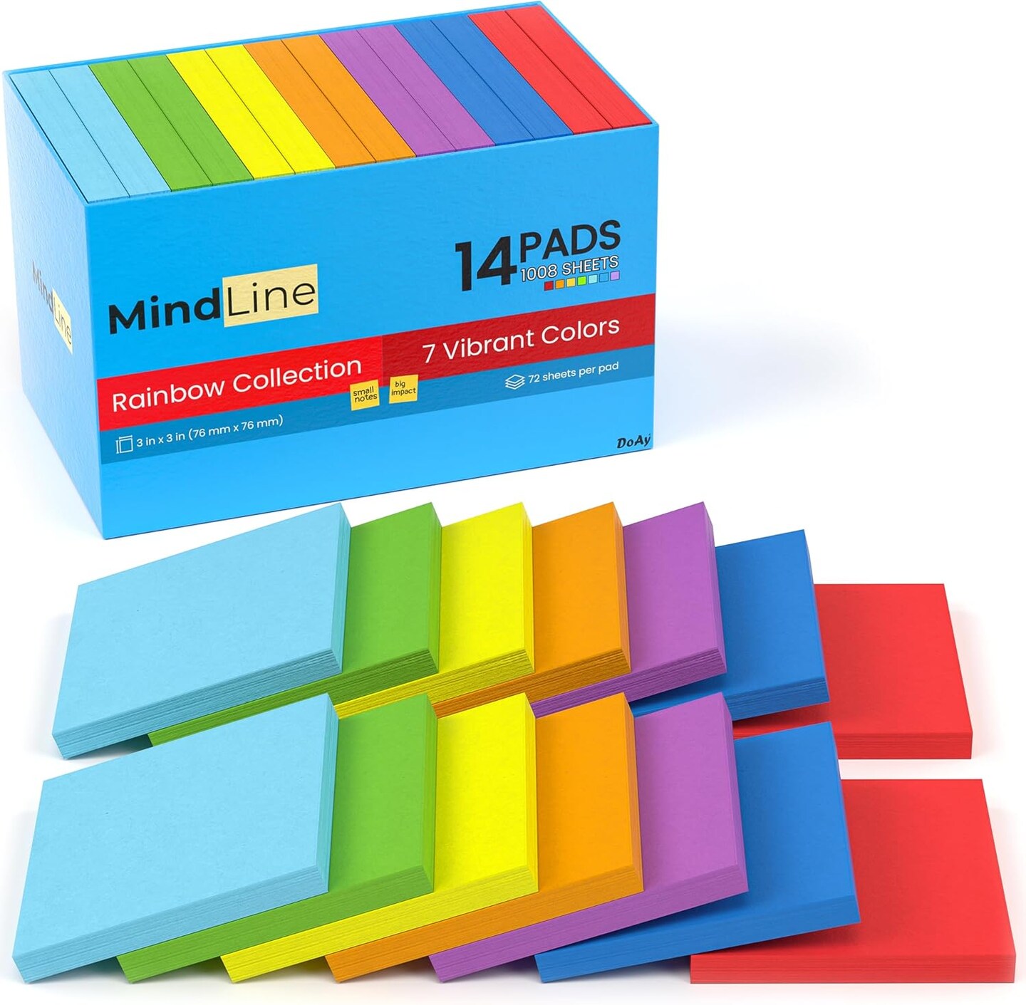 14 Pack Sticky Notes - Rainbow Colors Self-Stick Pads - Strong Adhesion, Smooth Writing, No Residue - Easy to Post for Home, Office, School - 72 Sheets/Pad