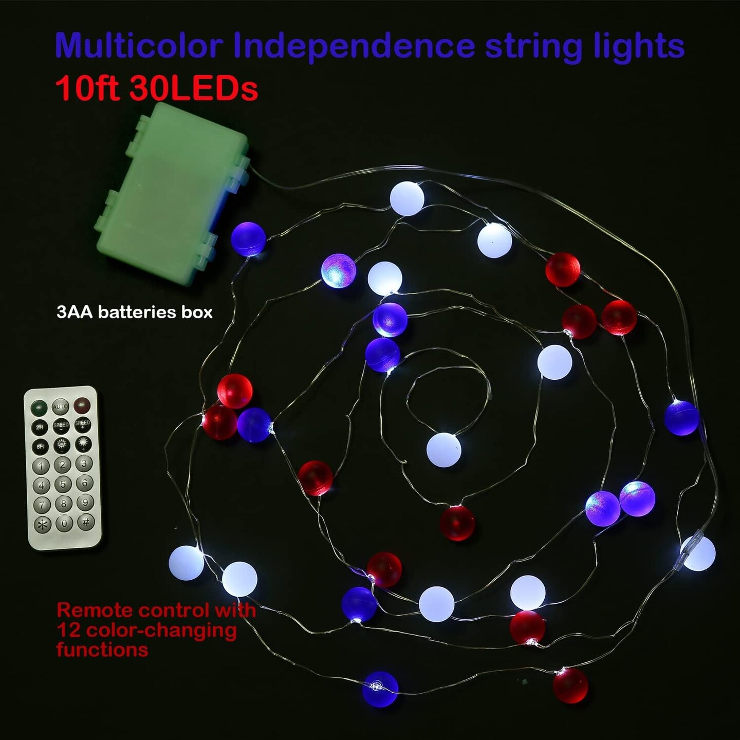 Memorial Light 4th of July Decorations 10 FT 40 LED Ball Lights with Remote Red White and Blue Lights Ideal Indoor and Outdoor Patriotic Decorations