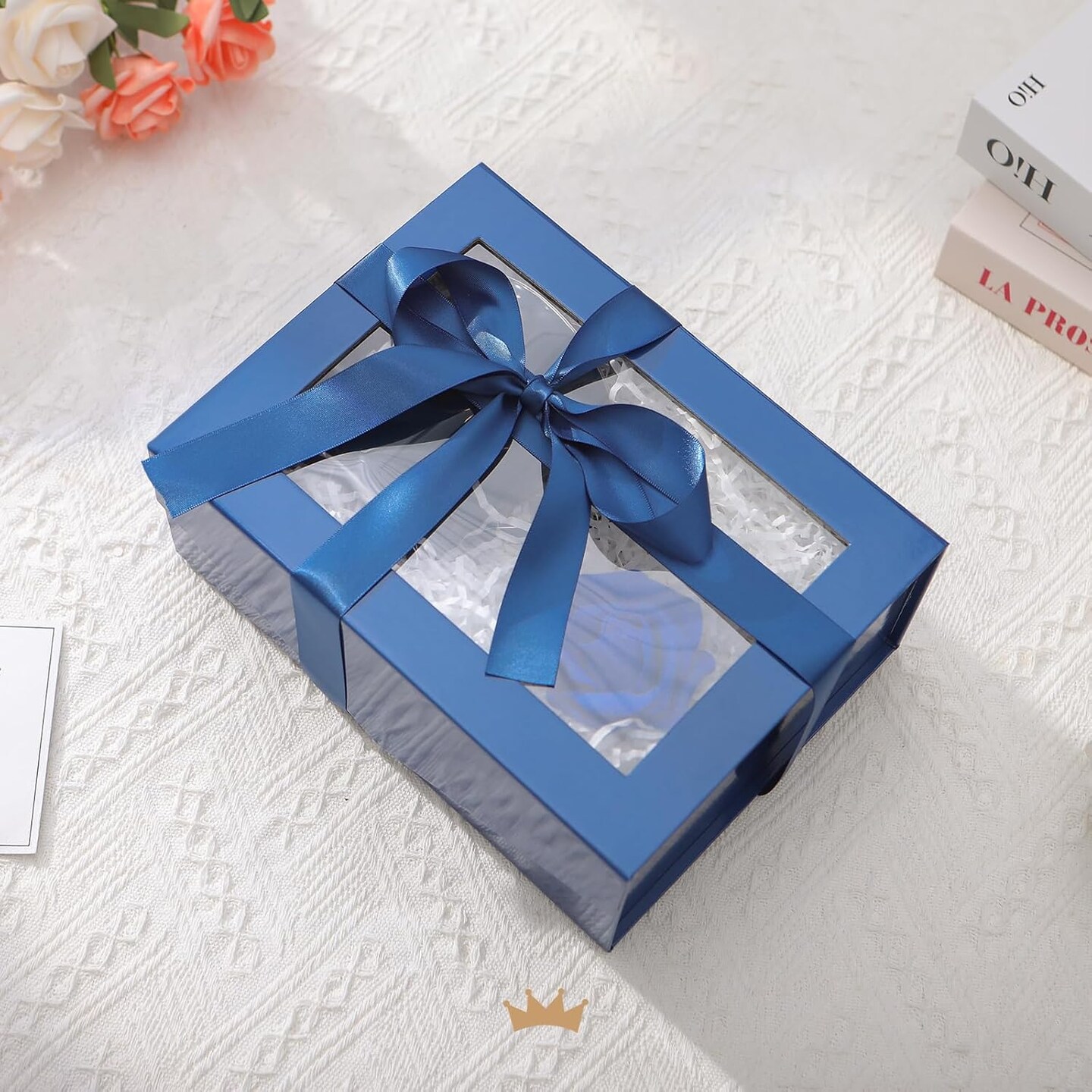 Blue Easter Gift Box with Window, 9x6.5x3.8 Inches, Clear Gift Box for Present Contains Ribbon, Card, Groomsman Proposal Boxes with Magnetic Lid (Glossy Blue)