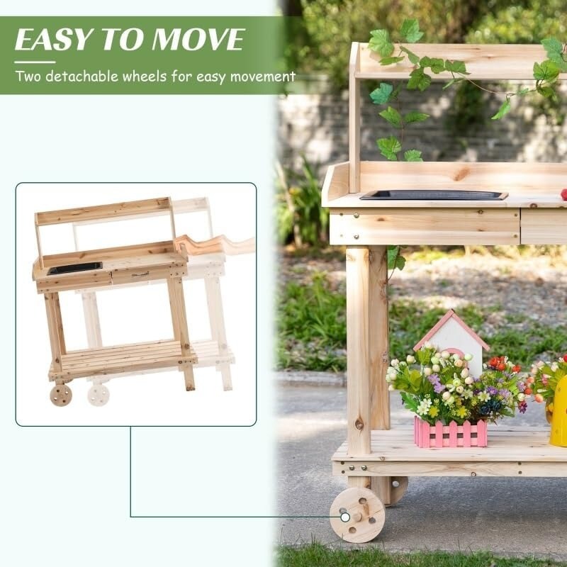 Wooden Potting Bench with Sink, Drawer &#x26; Storage on Wheels