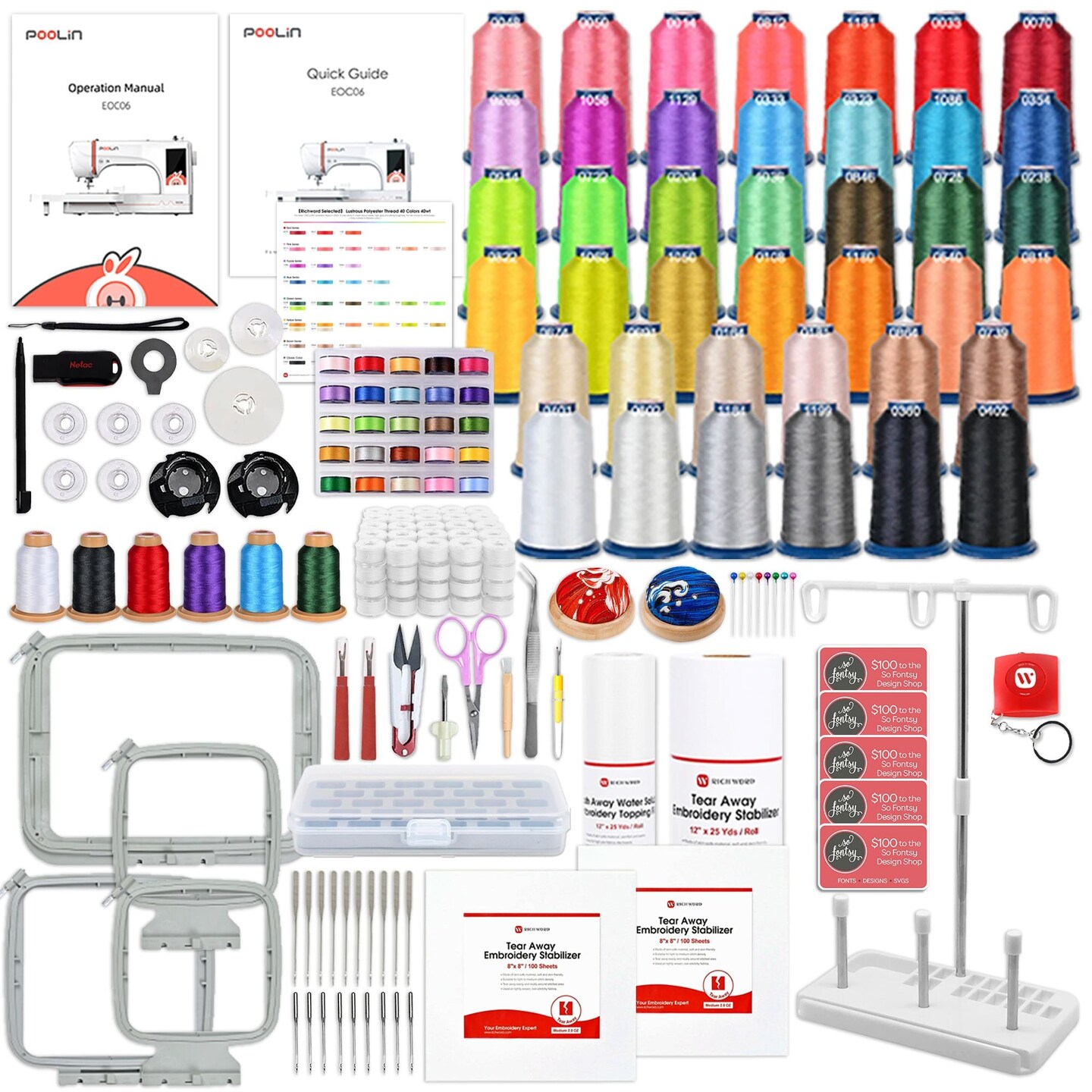 POOLIN EOC06 7.9in x 11in Embroidery Machine with Deluxe Accessory Bundle