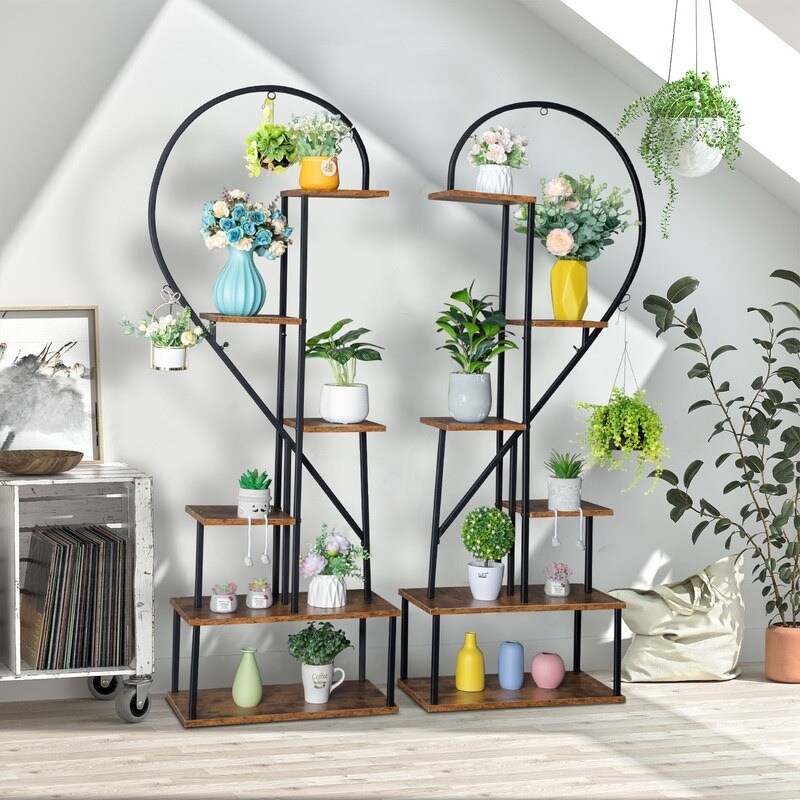 2-Pieces 6-Tier Half Heart Ironwood Plant Stand