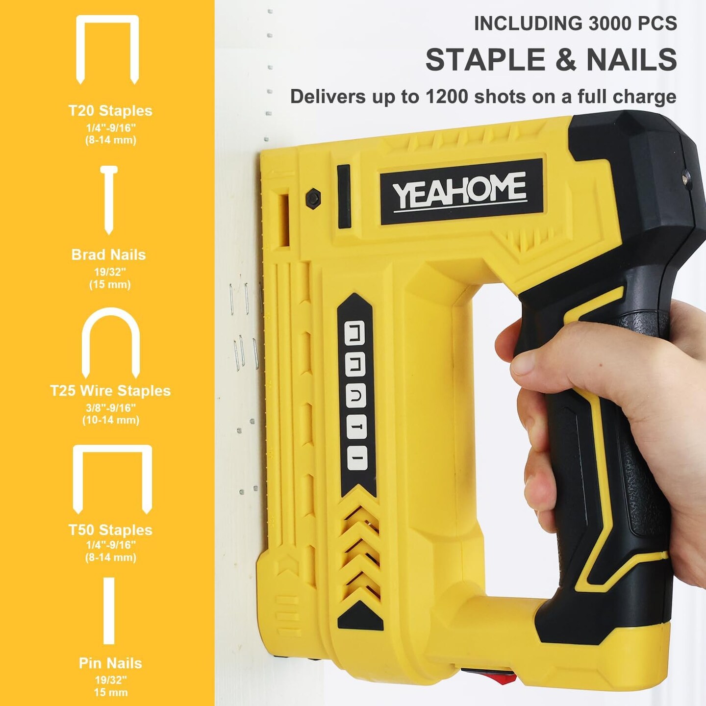 Electric Staple Gun, 5 in 1 Cordless Staple Gun for Upholstery with 1200 5/16&#x22; Staples, 600 1/2&#x22; U-Shape Staples, 600 19/32&#x201D; pin Nails, 60019/32&#x201D; Nails and 1 USB Charger Cable