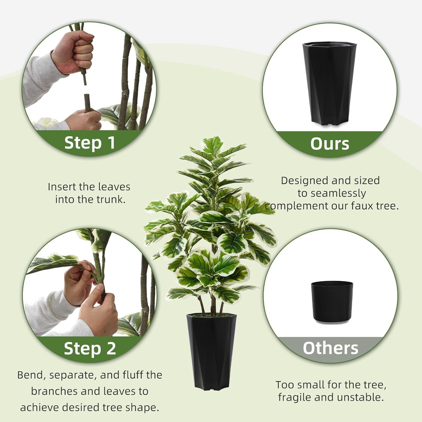 Artificial Fiddle Leaf Fig Plant Indoor 5FT Faux Rubber Tree with White Diamond Planter Tall Fake Floor Plant in Pot Artificial Trees for Home