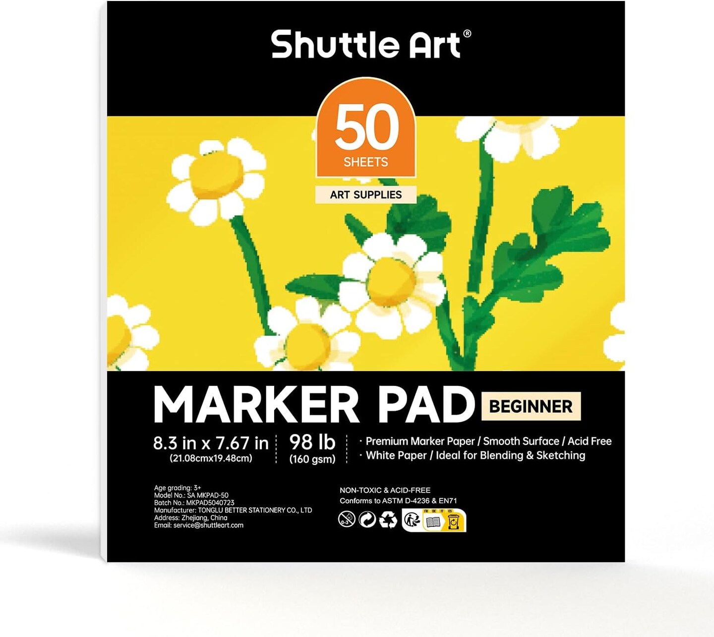 Marker Pad, 8.3&#x201D;x7.67&#x201D; Portable Square Sketchbook, 50 Sheets Marker Drawing Paper, 98LB/160GSM Smooth Surface Bleedproof Art Paper, Glue-Bound, Great for Beginners to Draw, Paint &#x26; Sketch
