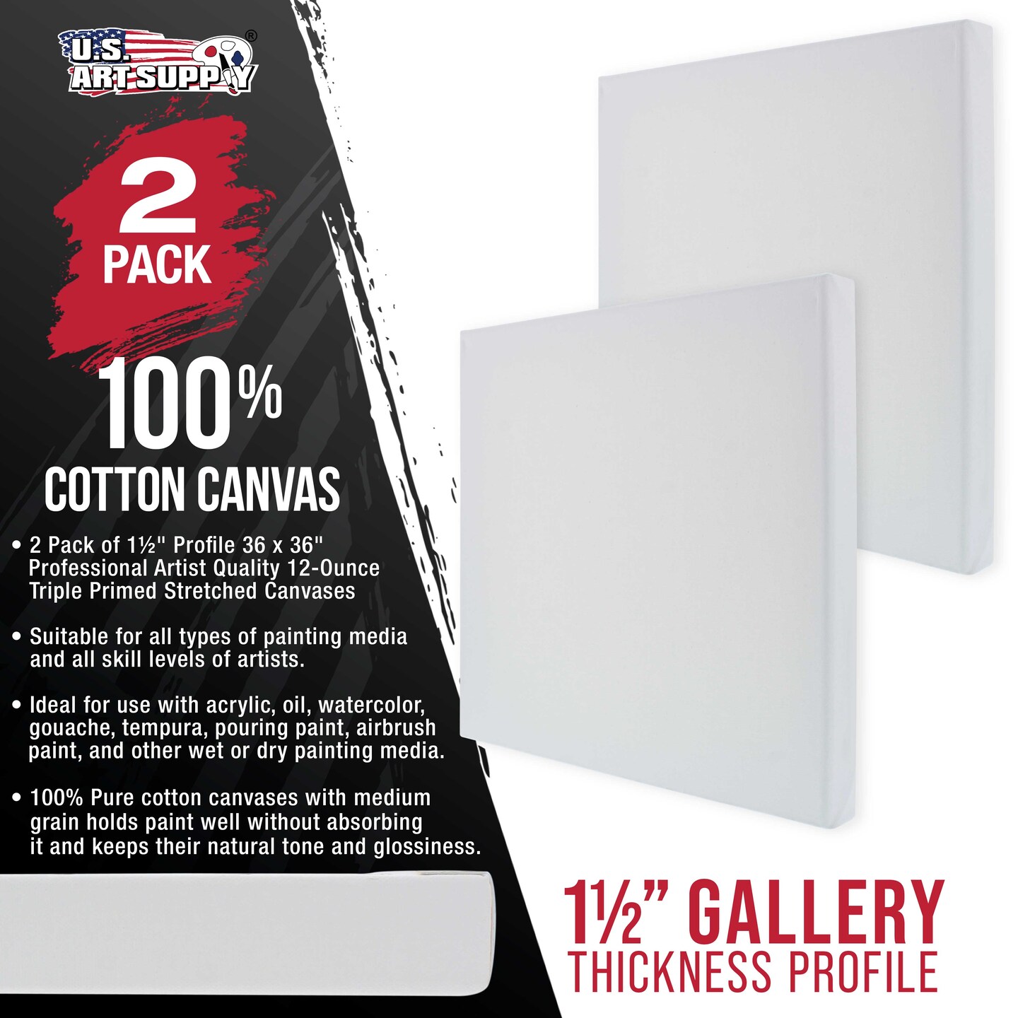 X-Large Stretched Canvas for Painting 36x36 inch Gallery Depth 1-1/2&#x22; Thick, 2-Pack - 12oz Acrylic Gesso Triple Primed, Professional Artist Quality, 100% Cotton - Oil, Pouring Paint