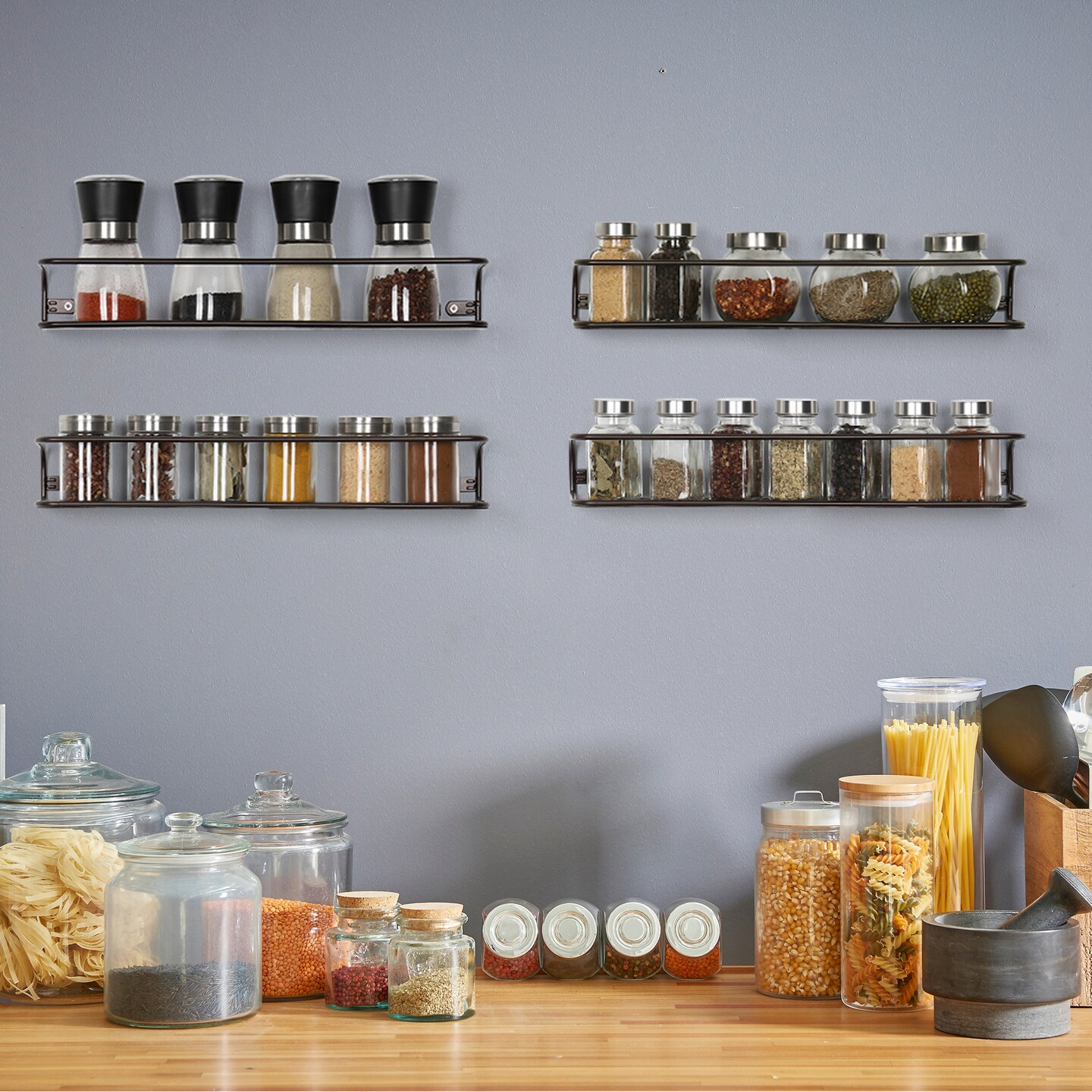 4pcs Large Brown Tiered Spice Rack – Step Shelf Organizer for Kitchen Cabinet, Countertop & Pantry Storage