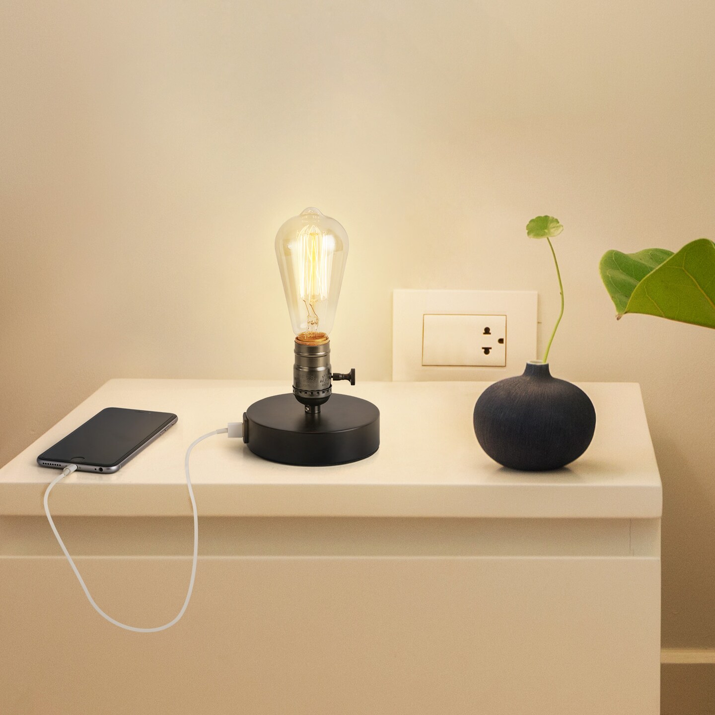 2PCS Vintage Industrial Table Lamps Bedside Desk Lamps with 2 USB Ports, Metal Base E26 Bulb Compatible, Retro Farmhouse Decor for Bedroom, Office, or Caf&#xE9;
