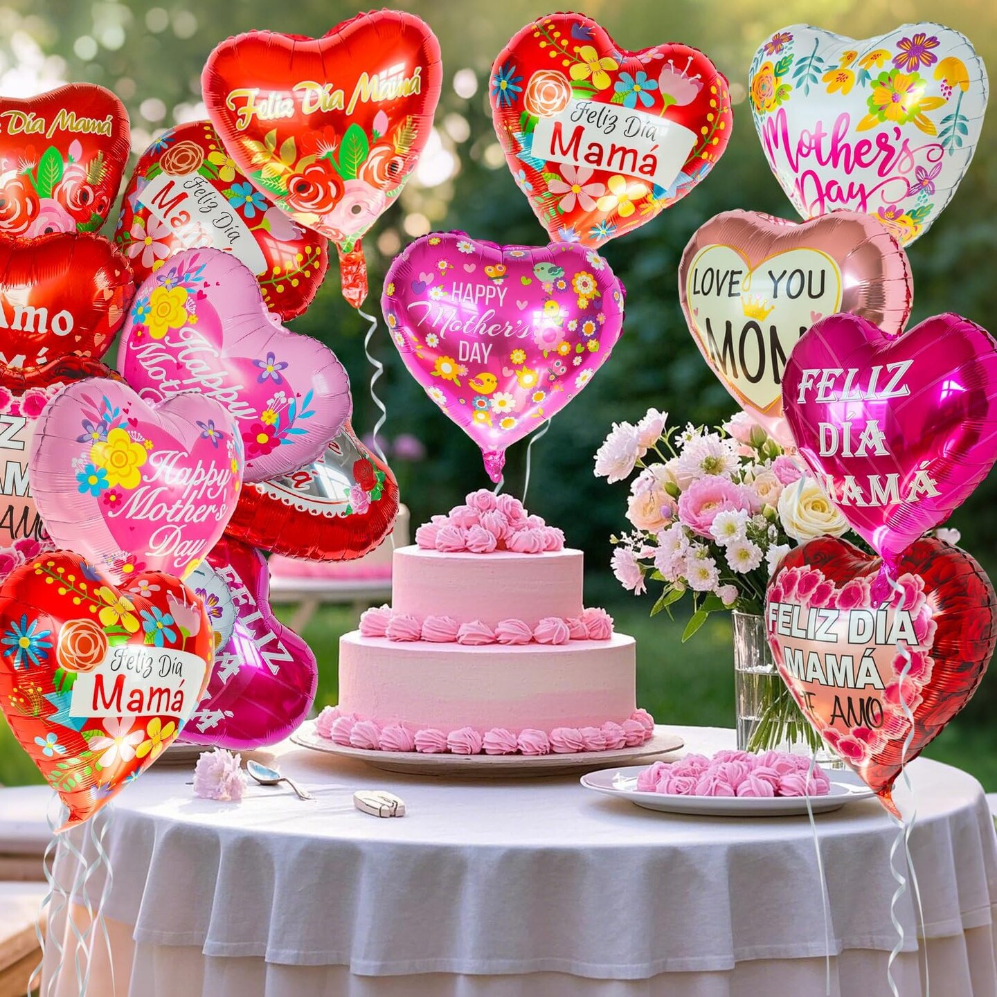 36Pcs Mother&#x27;s Day Balloons, Happy Mom Foil Mylar Day Balloons, Mama Red Heart Balloons for for Best Mom Ever Mom Birthday Party Decoration