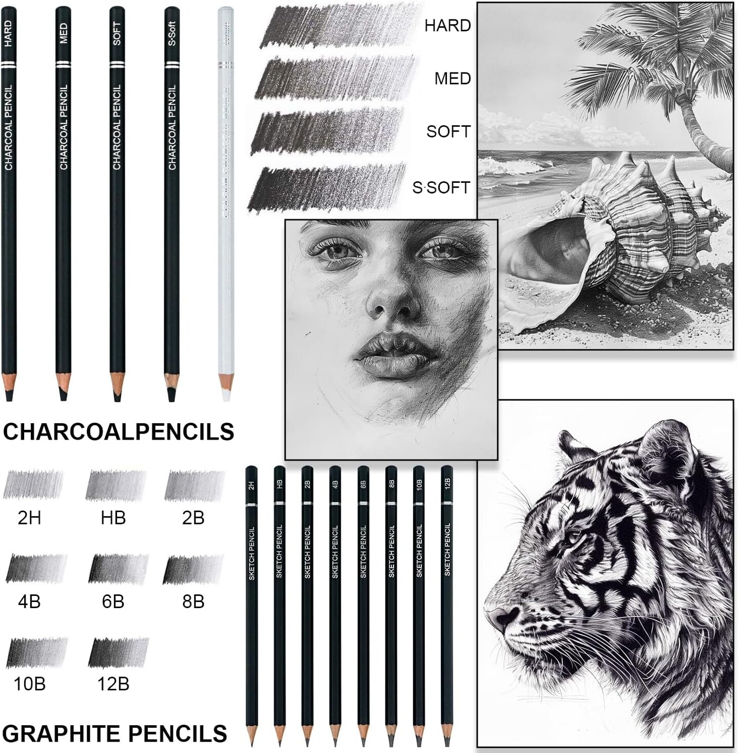 Charcoal Pencils for Drawing, Set of 22