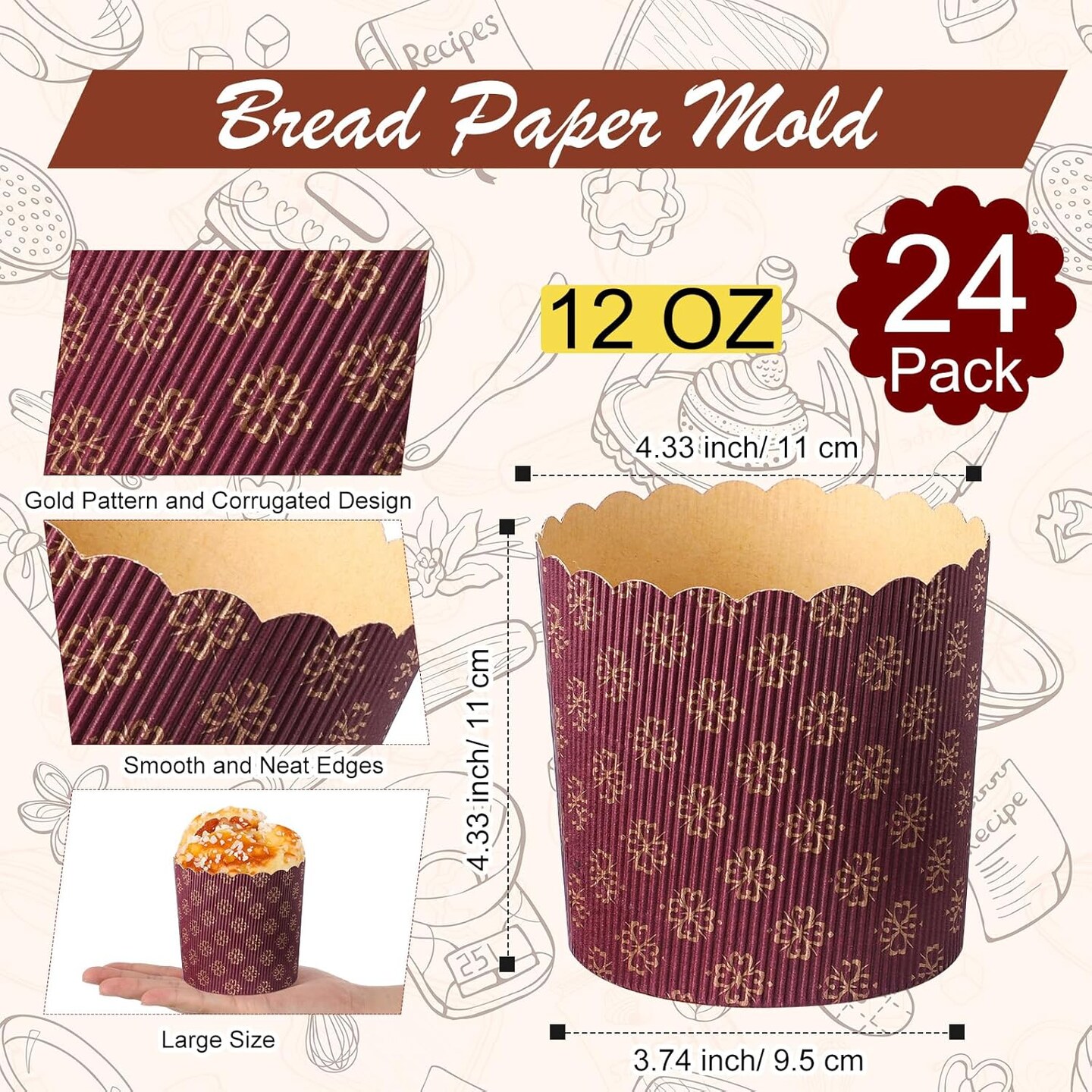 24 Pcs Easter Panettone Paper Pan Mold Corrugated Form for Cakes Bread Round Paper Baking Molds for Kitchen Muffin Cupcake Kulich Paska, Brown (12 oz)