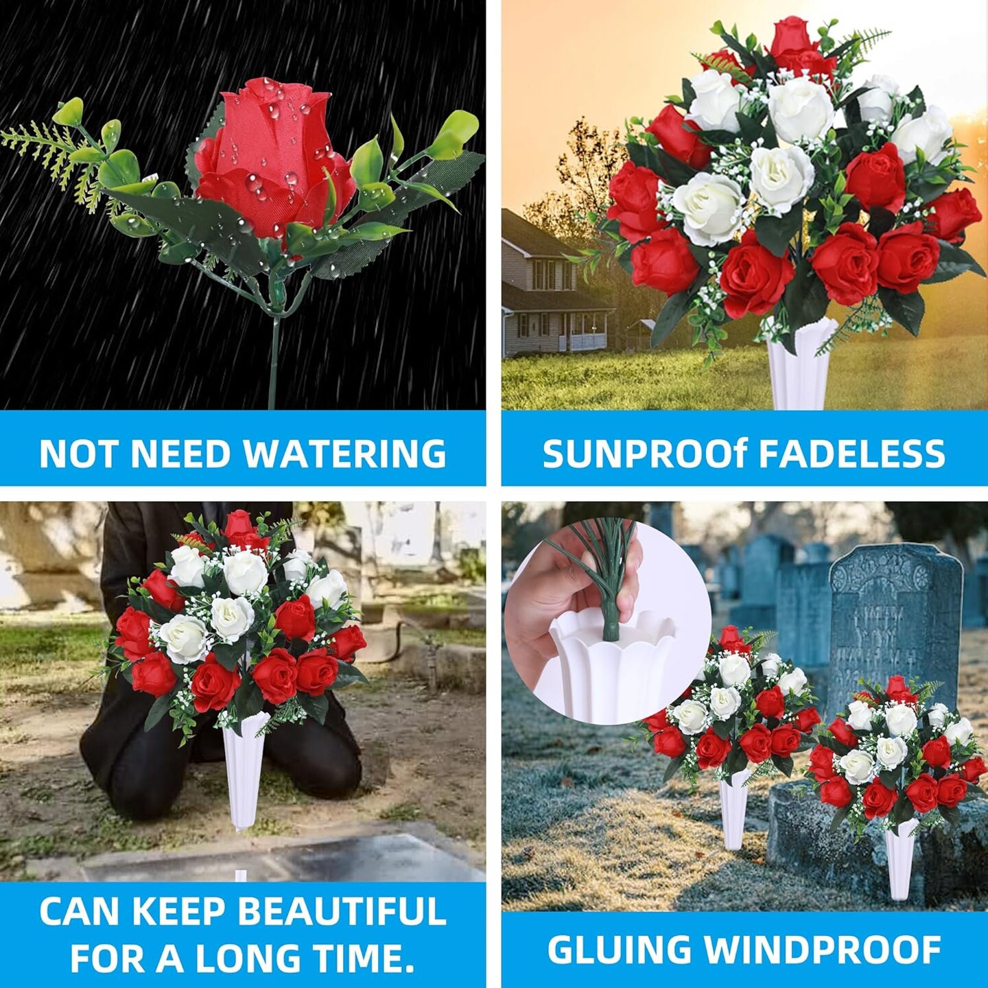 Set of 2 Artificial Cemetery Flowers with Vase,Grave Memorial Flowers,Artificial Rose Bouquet Decoration for Cemetery Headstones Gravesites (Red &#x26; White, 2 Bouquets) 5&#x22;D x 9&#x22;W x 15.8&#x22;H