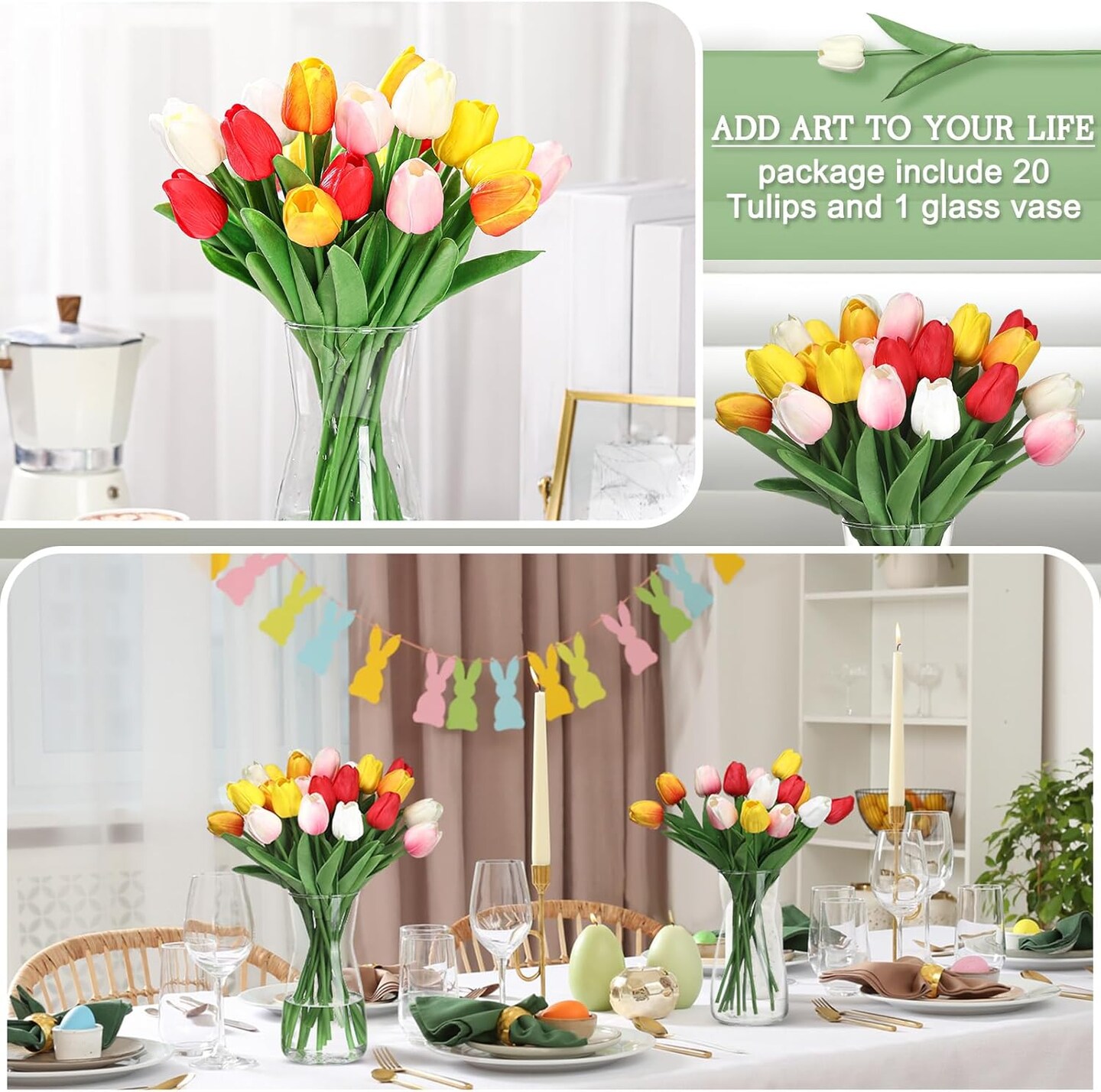 20PCS Artificial Tulips with Vase – 14-Inch Real Touch Silk Flowers for Spring, Easter, Wedding, and Holiday Décor (Multicolor)