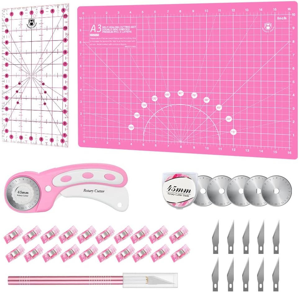 Rotary Cutter Set - 45mm Fabric Cutter, 5 Replacement Rotary Blades, A3 Cutting Mat, Quilting Ruler and Sewing Clips, Craft Knife Set, Ideal for Crafting, Sewing, Patchworking, Pink