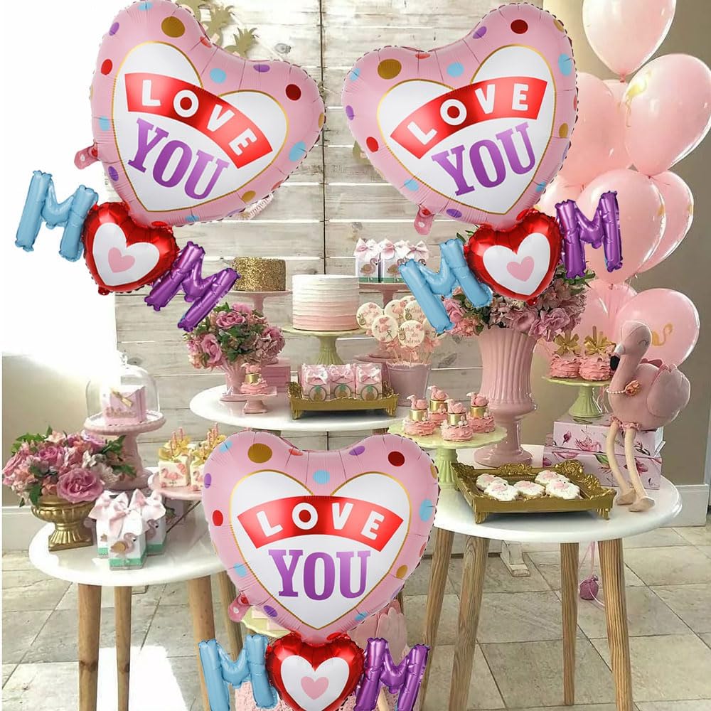 Love You Mom Balloons – Mother’s Day Heart Foil Balloon Set (3PCS)