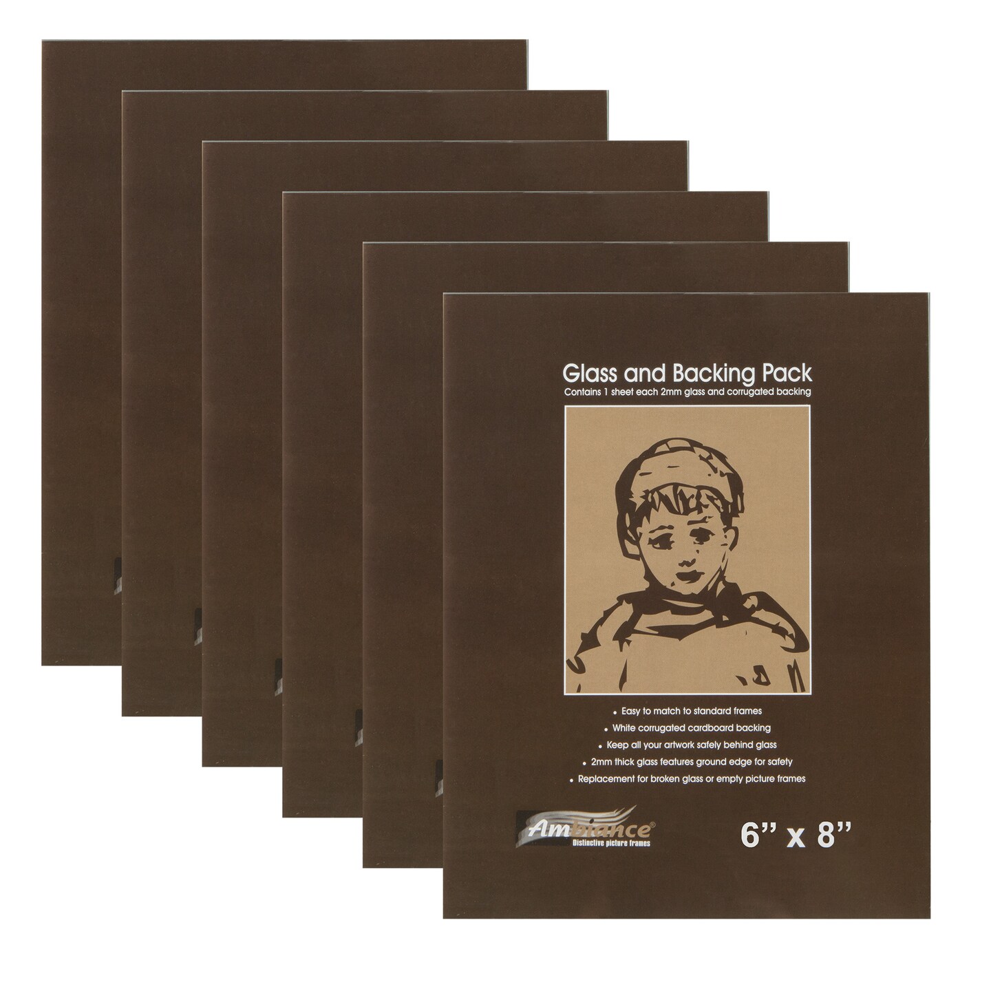 Ambiance Picture Frame Glass and Backing 6x8&#x22; - 6 Pack &#x2013; 2mm Thick Glass Sheets with White Corrugated Cardboard Backing &#x2013; Replacement Glass for Open-Back Frames