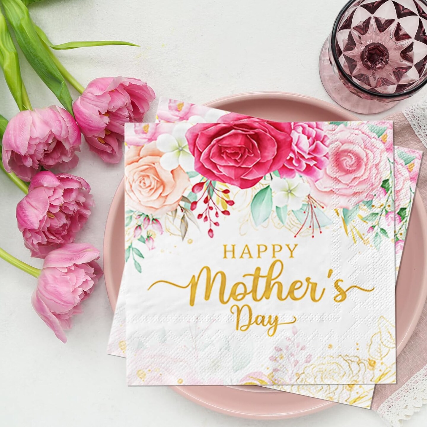 Mothers Day Pink Floral Paper Napkins for Best Mom Ever