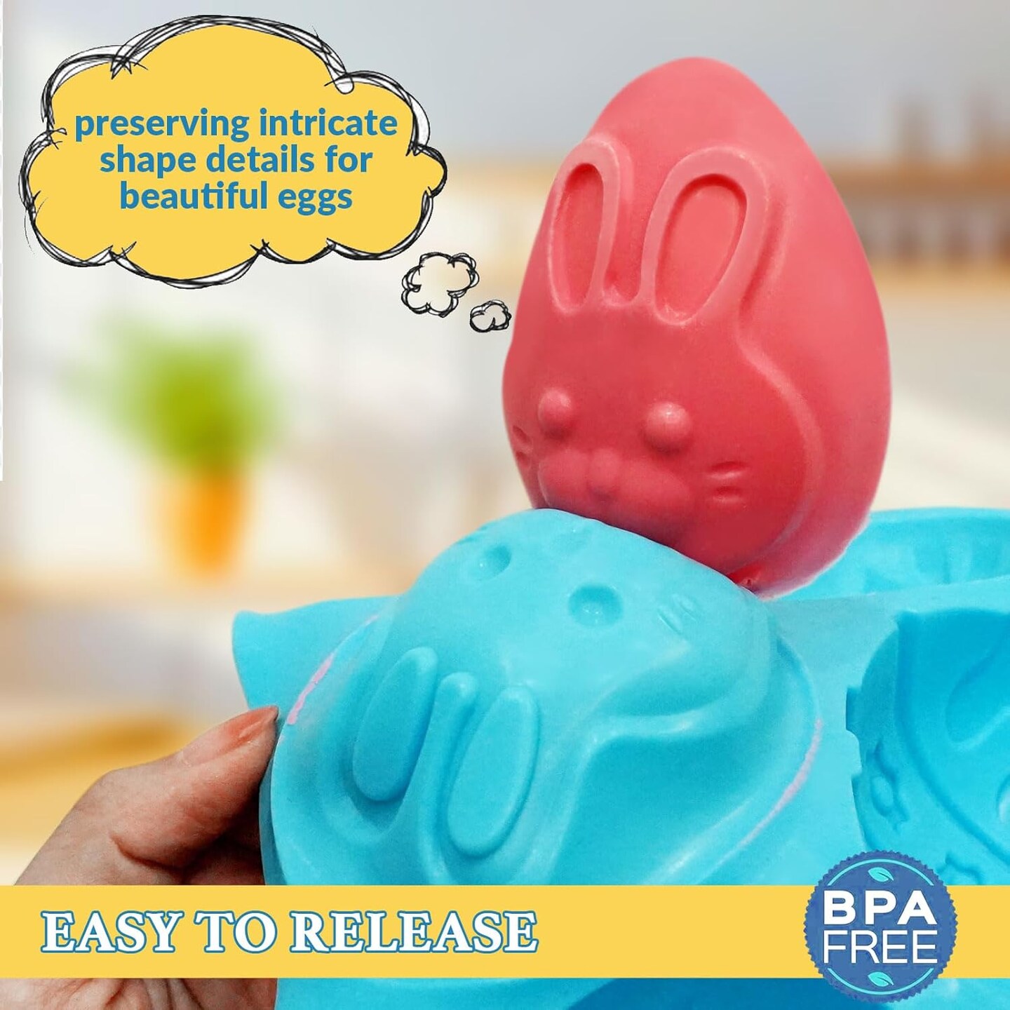 Easter Egg Molds Silicone 3.5 Inch, 2-Pack Chocolate Baking Holiday Mould, Non-Stick BPA Free, Kid-Friendly Soap Rabbit & Floral Designs, Blue & Pink