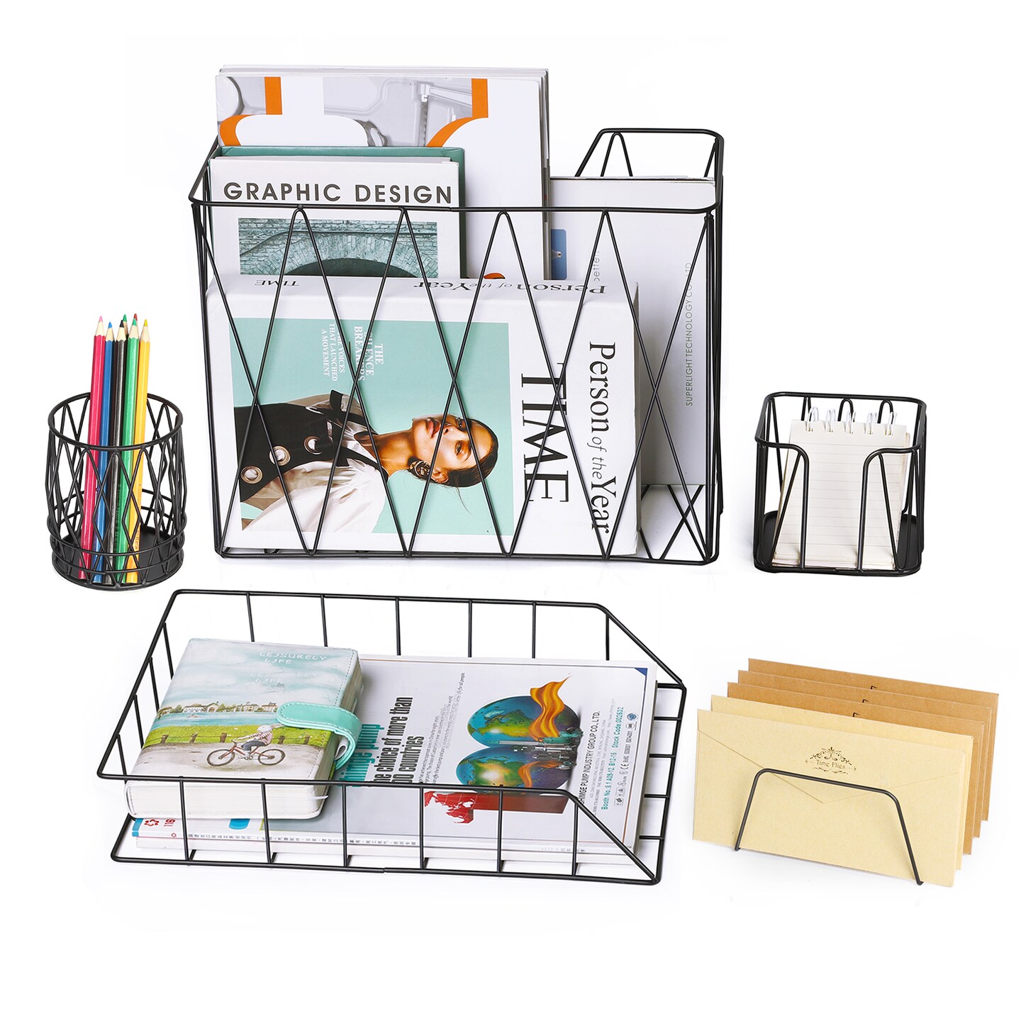 5PCS Office Desk Accessories Set Pencil Cup Holder Letter Sorter File Organizer
