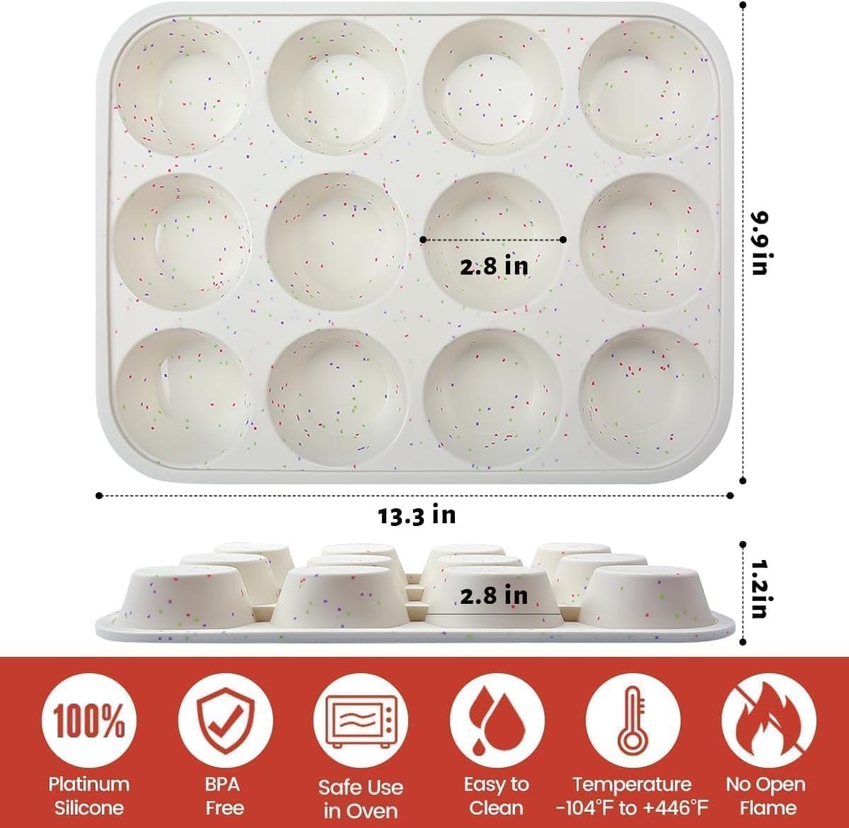 Silicone Muffin Pan, Metal Reinforced Frame Cupcake Pan 12 Cups Regular Size Easy to Move in or Out of Oven Non-Stick (2)