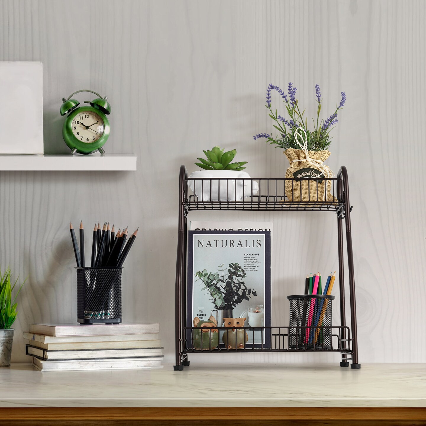 2-Tier Kitchen Spice Rack Metal Bathroom Organizer for Countertop with 3 Hooks