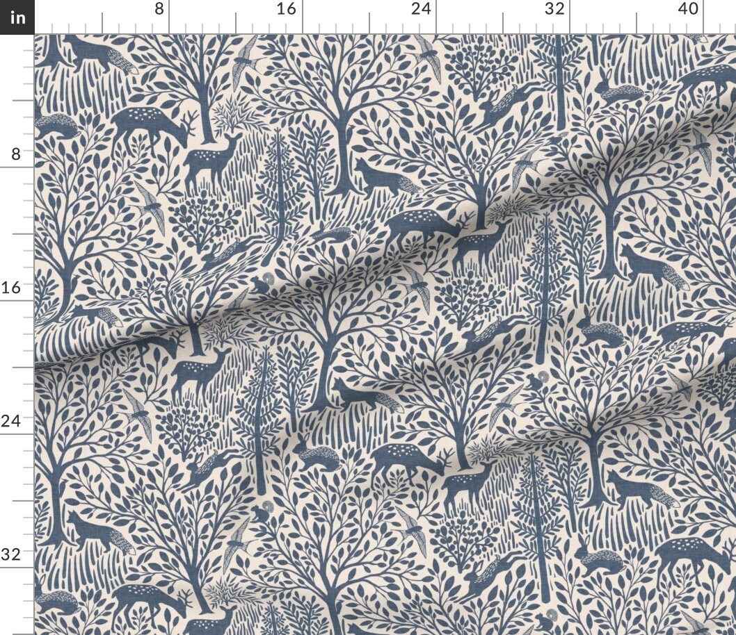 Woodland Forest Animals Rabbit Deer Trees Rustic Nature Fox Cottagecore Cabincore Farmhouse Cabin Cross Hatch Faux Texture Blue Bird Swallow Custom Printed Fabric by Spoonflower Various Fabrics by the Yard or Fat Quarter 18112736