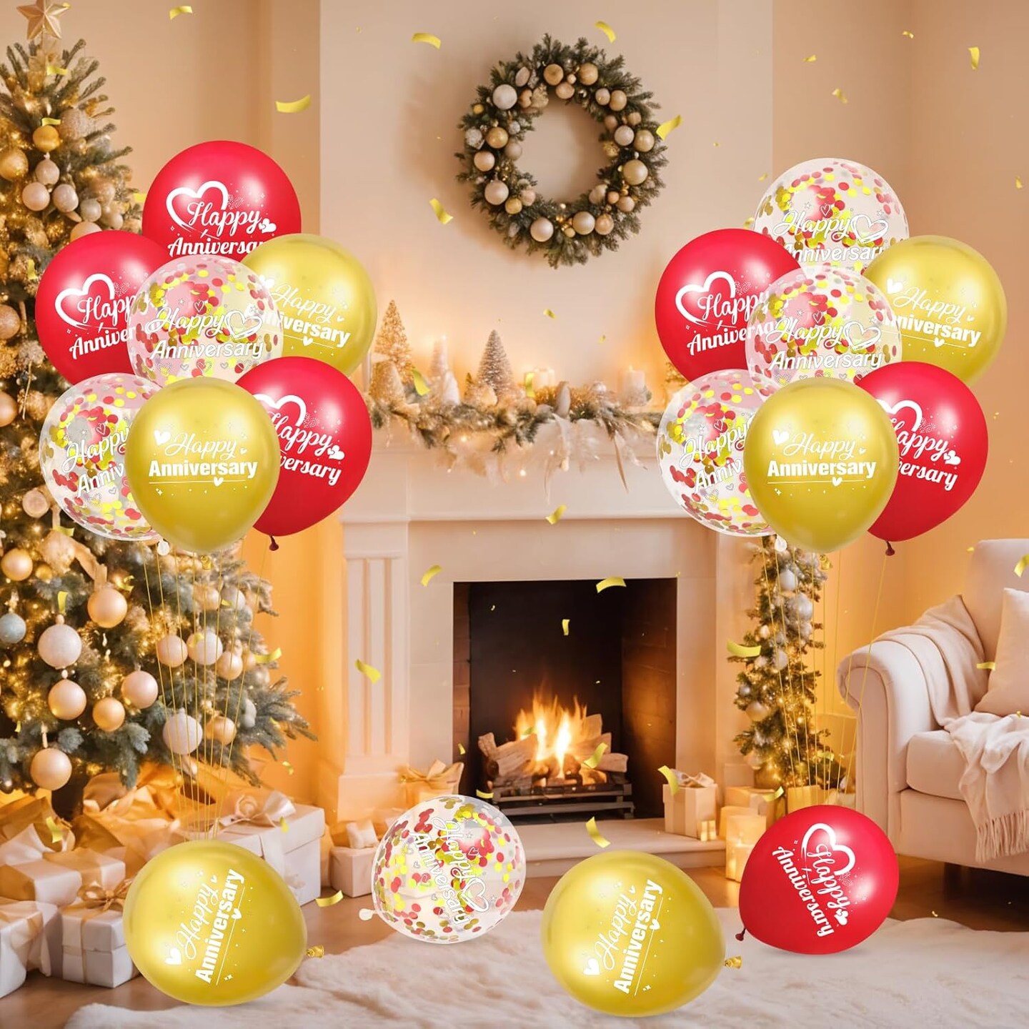 Happy Anniversary Balloons 18Pcs Red Gold Anniversary Party Decorations for Women Men Red Gold 12Inch Metallic Confetti Anniversary Balloons for Indoor Outdoor Party Supplies