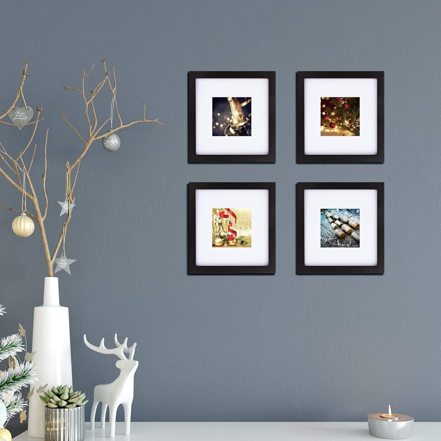 8x8 Picture Frames 4 PCS - Made of Solid Wood Covered by Plexiglass Display 4x4/6x6 with Mat or 8x8 without Mat, for Table Top Display and Wall Mounting Photo Frame Black