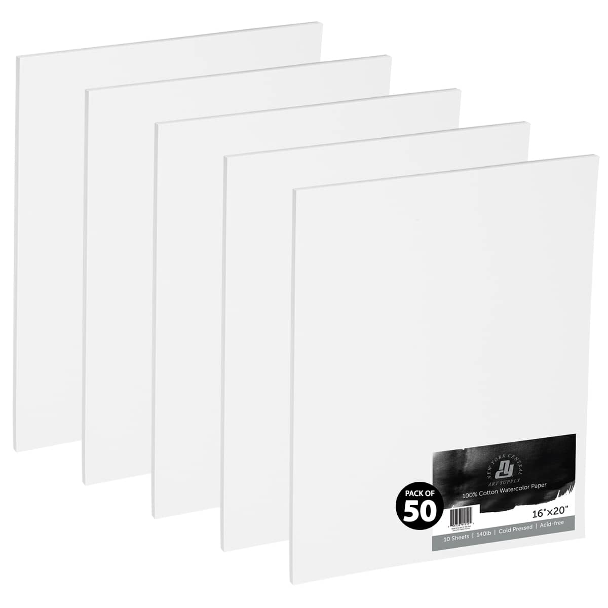 New York Central Watercolor Paper Sheets, 16x20 Inch, 140lb Cold Press, Pack of 50 - Professional Grade, Acid-Free, Archival - For Wet and Dry Media