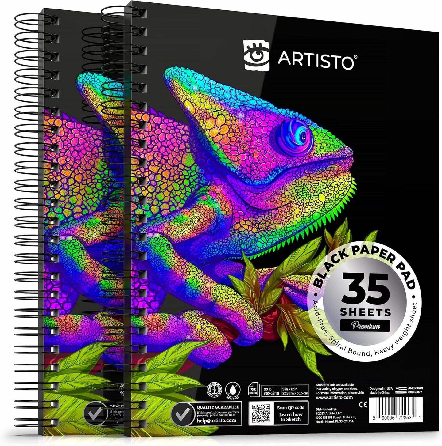 9x12 Premium Black Paper Pads, Spiral Bound Sketchbook, Pack of 2, 70 Sheets (150g/m2), Acid-Free Drawing Paper, Ideal for Kids, Teens &#x26; Adults